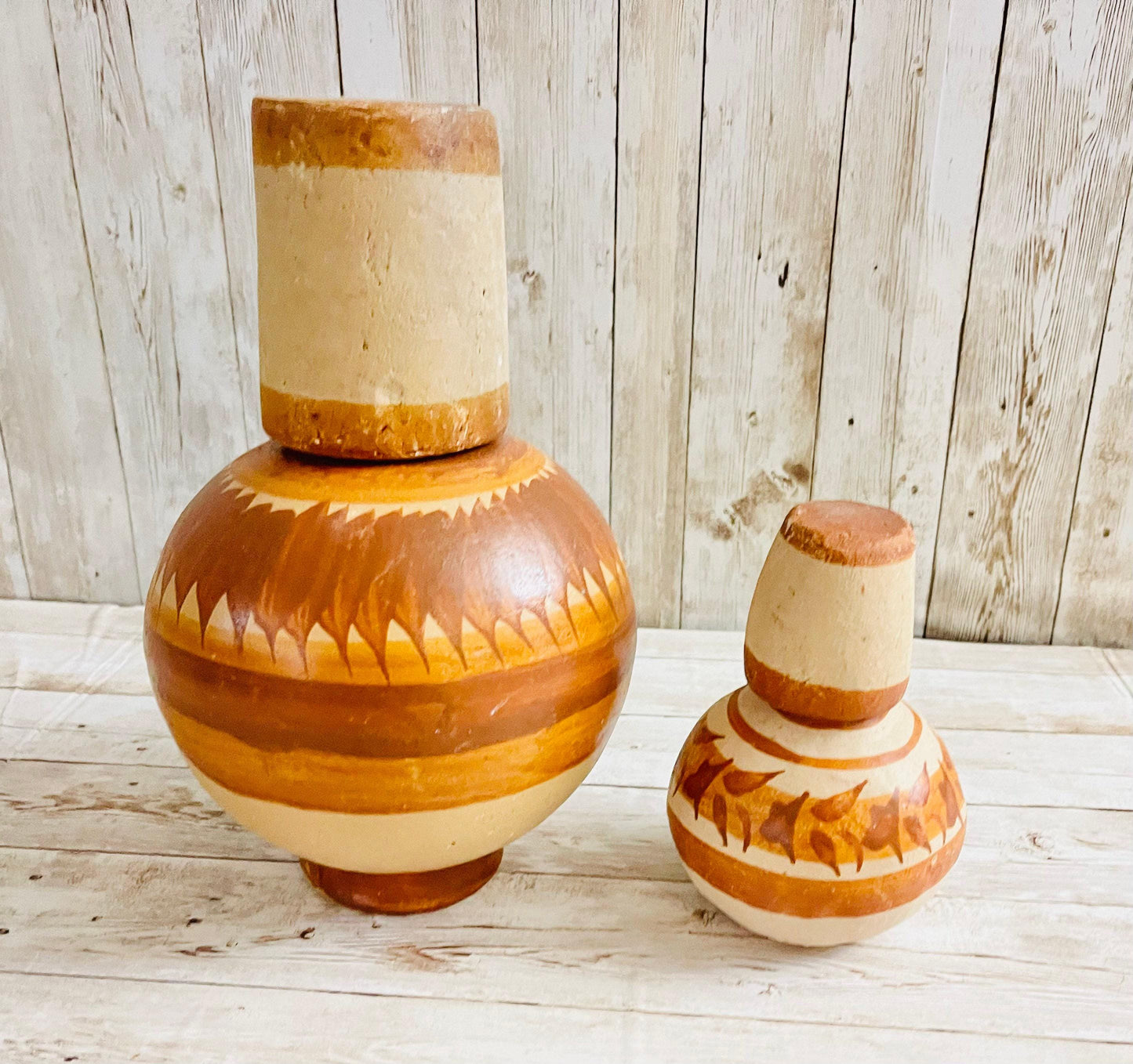 Mexican Clay WaterJugs with Cups 2 Garrafones de Barro Mexicano 9 In & 5 In