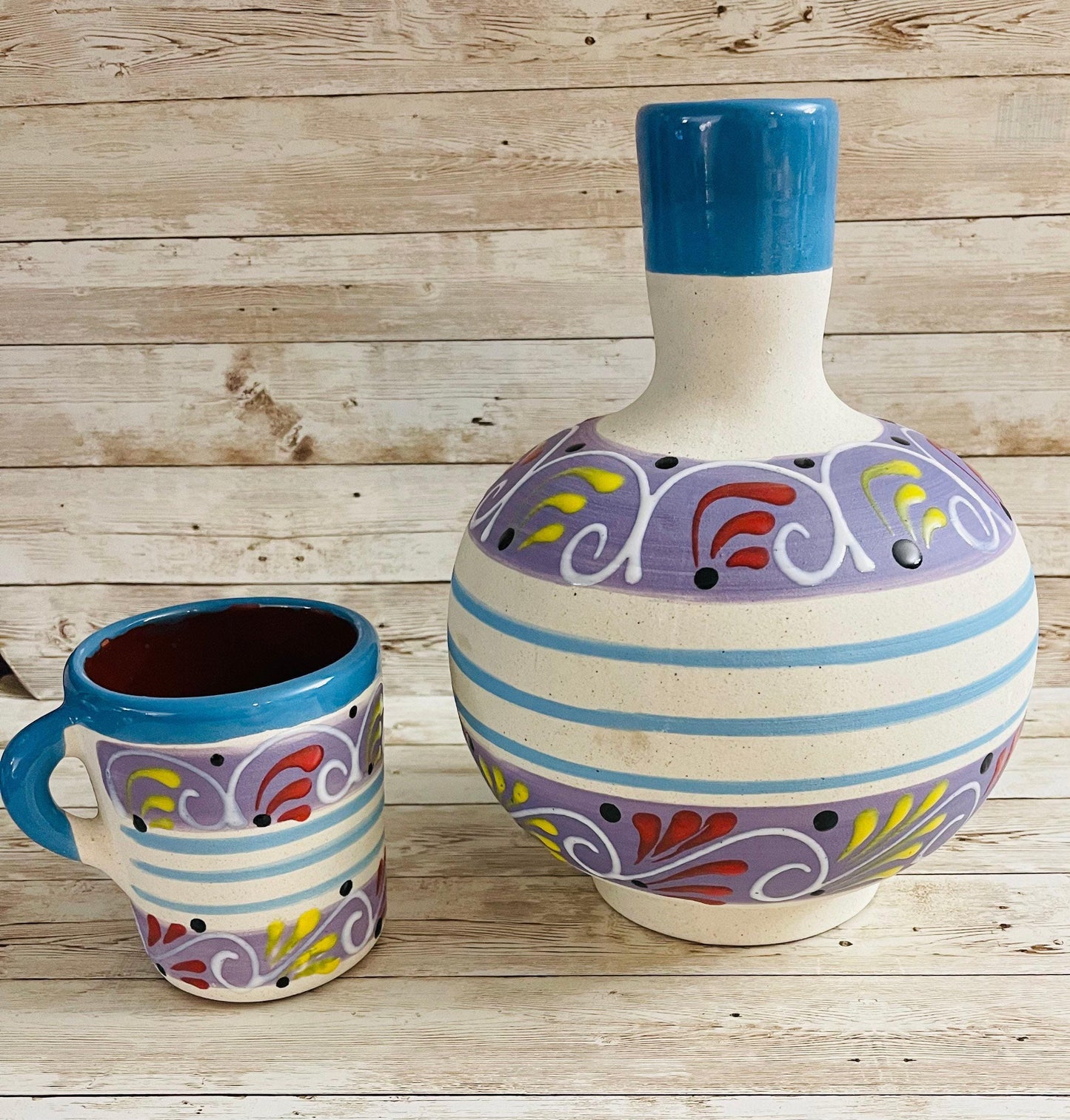 Terra Cotta Mexican Art Water Jug with Cup Garrafon de Barron Artesanal Mexicana con Vaso