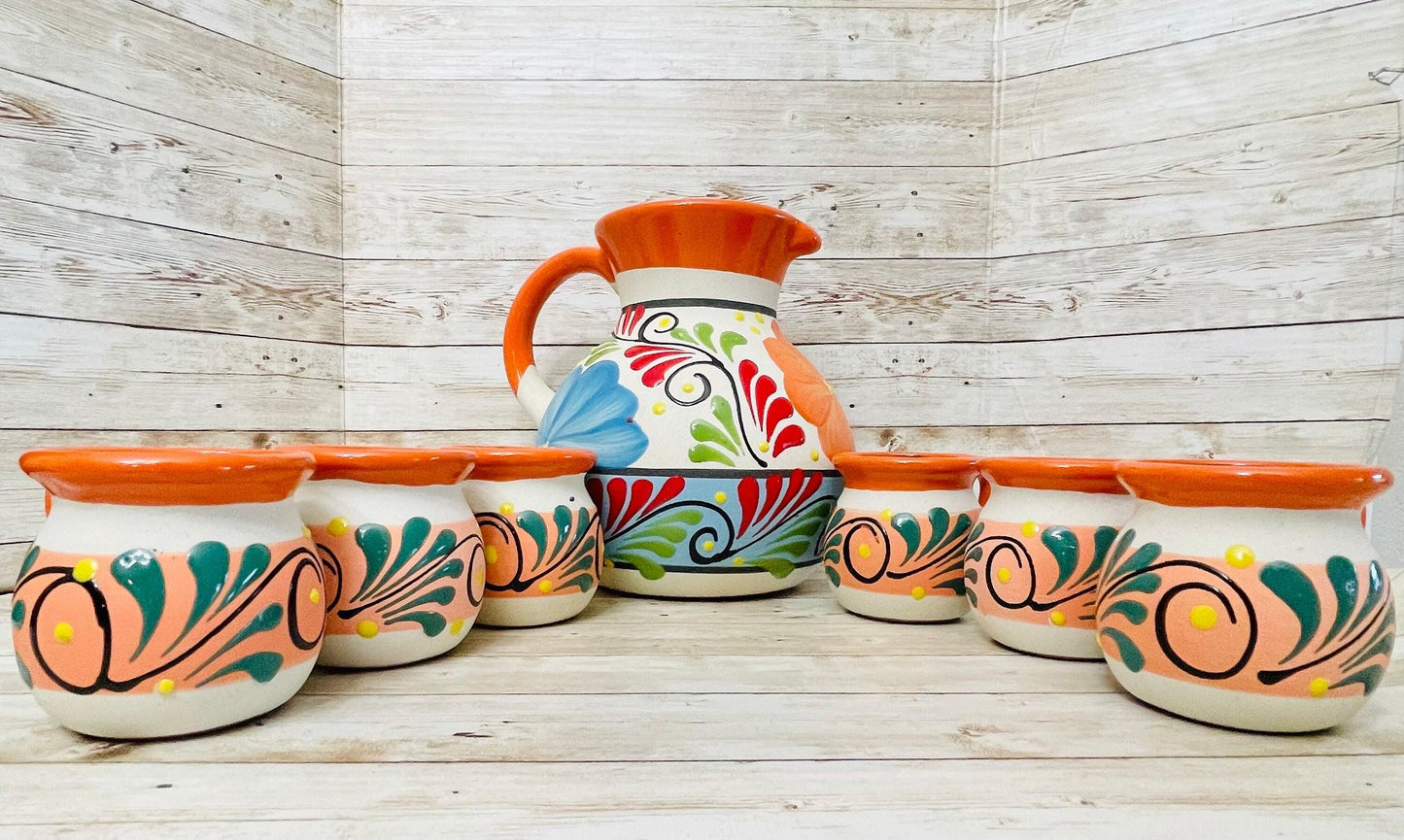 Terra Cotta Mexican Art Pottery Pitcher With 6 Cups Jarra Artesanal Mexicana