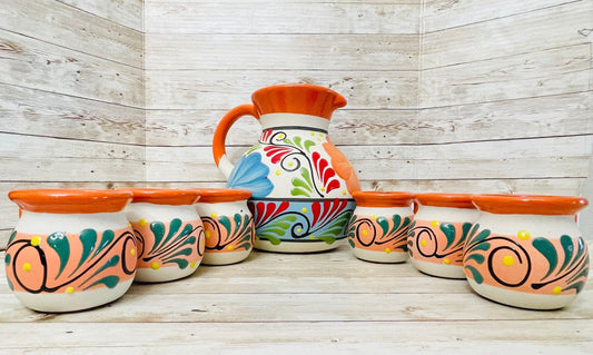 Terra Cotta Mexican Art Pottery Pitcher With 6 Cups Jarra Artesanal Mexicana