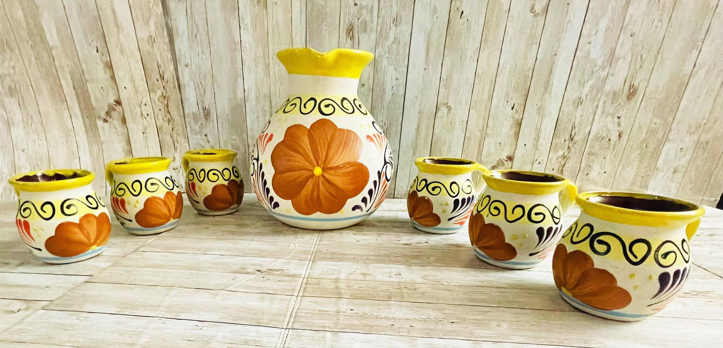 Terra Cotta Mexican Art Pottery Pitcher With 6 Cups Jarra Artesanal Mexicana