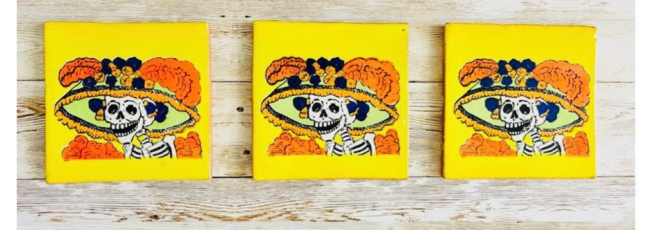 3x  Mexican Day of the Dead Sugar Skull Tiles Coasters 3 Azulejos oh Portavasos De Catrinas Dia de Muertos