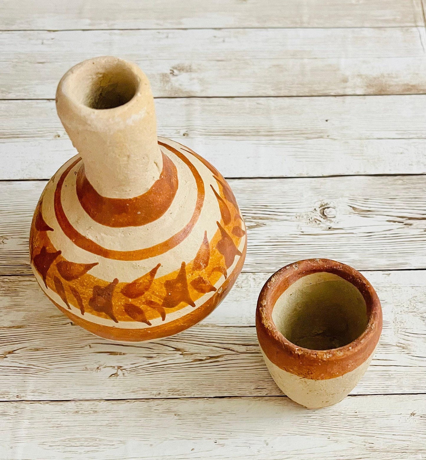 Mexican Clay WaterJugs with Cups 2 Garrafones de Barro Mexicano 9 In & 5 In