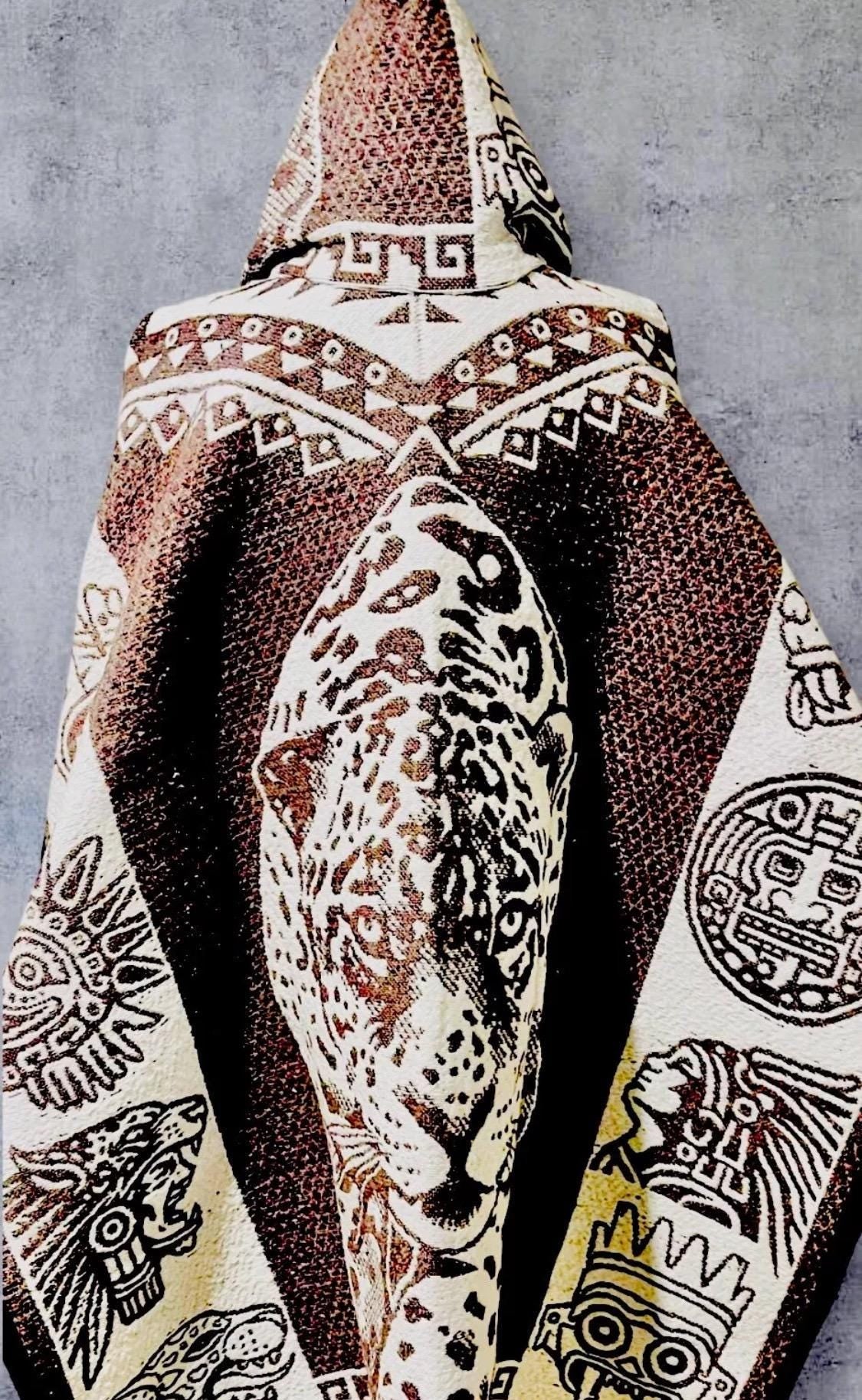 Mexican Double Sided Poncho Aztec and Jaguar Poncho Gavan Azteca con Jaguar Doble Vista