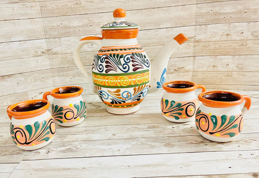 Terra Cotta Mexican Art Pottery CoffeeTea Set Drinkware With 4 Mugs Jarra Lechera Cafetera Artesanal con 4 tazas