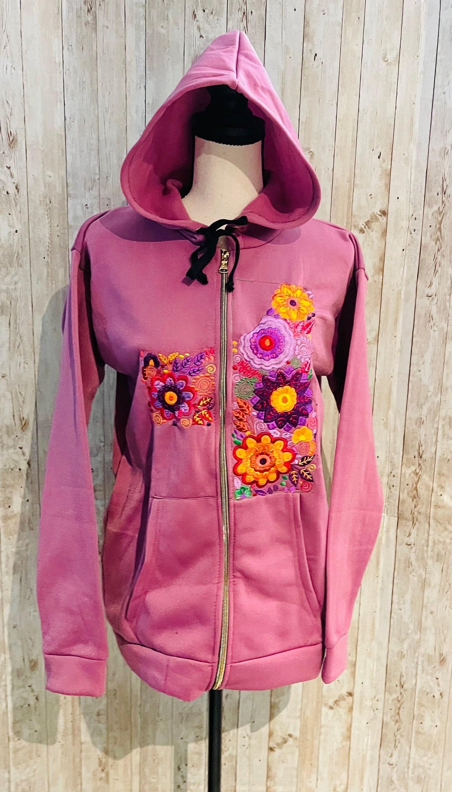 Mexican Embroidered Hoodie Zip Front Sweater Size XL Sueter Bordado Mexicano