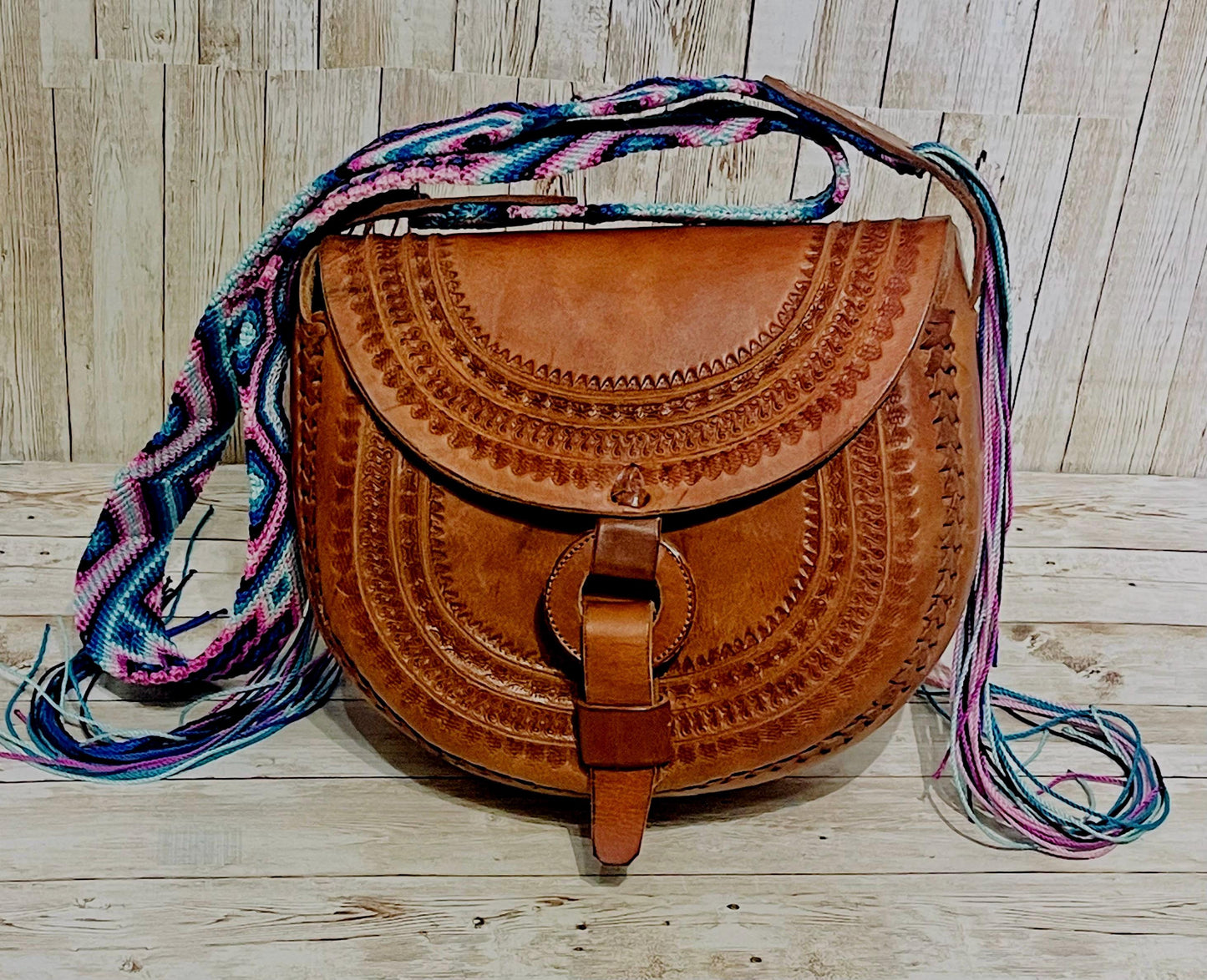 Handcrafted Tooled Western Mexican Leather Crossbody Bag with Woven Straps Bolsa Mexicana de Piel con Correa Tejida