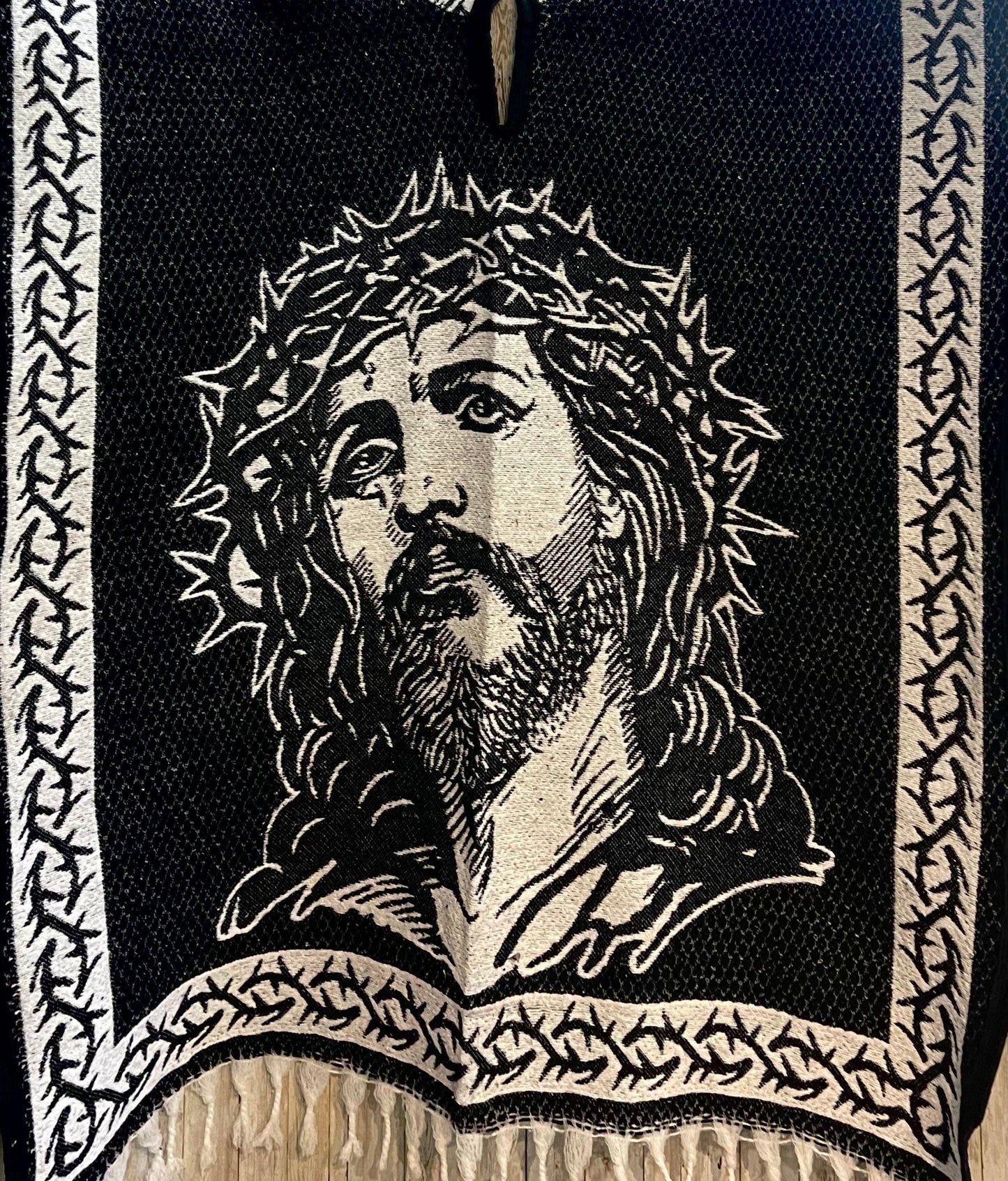 Mexican Double Sided Poncho Christ and INRI on Back Poncho Doble Vista de Cristo y INRI Atras
