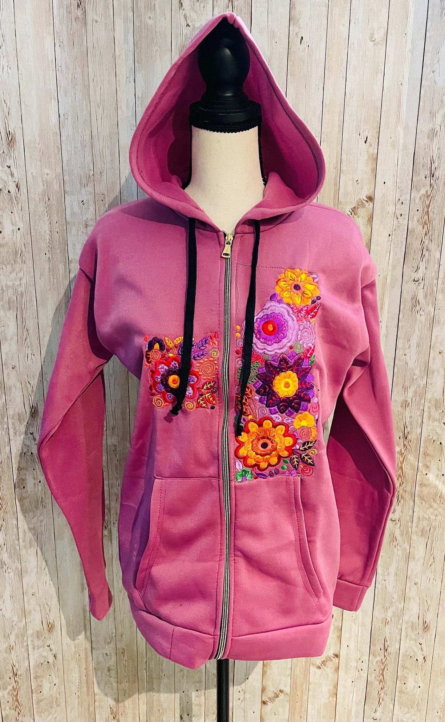 Mexican Embroidered Hoodie Zip Front Sweater Size XL Sueter Bordado Mexicano