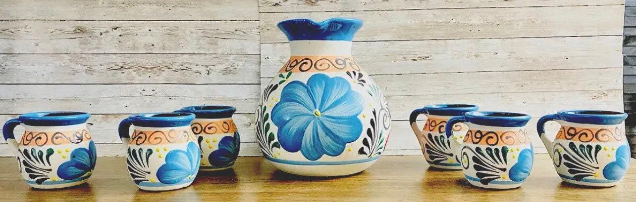 Terra Cotta Mexican Art Pottery Pitcher With 6 Cups Jarra Artesanal Mexicana