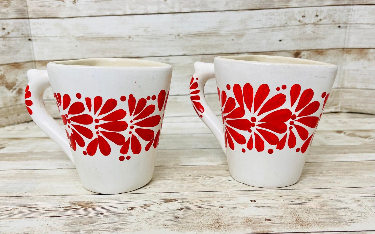 2x Mexican Ceramic Heart Shaped Pottery Cups 2x Tazas de Ceramica Mexicanas en Forma de Corazon
