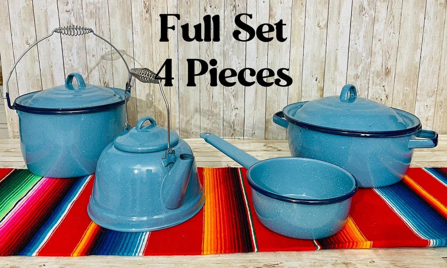 Mexican Enamelware Camping Set 1 Coffee/Tea Pot 1 Frying Pan & 2 Pots Set de Peltre Mexicano con 2 Ollas 1 Sarten y una Cafetera