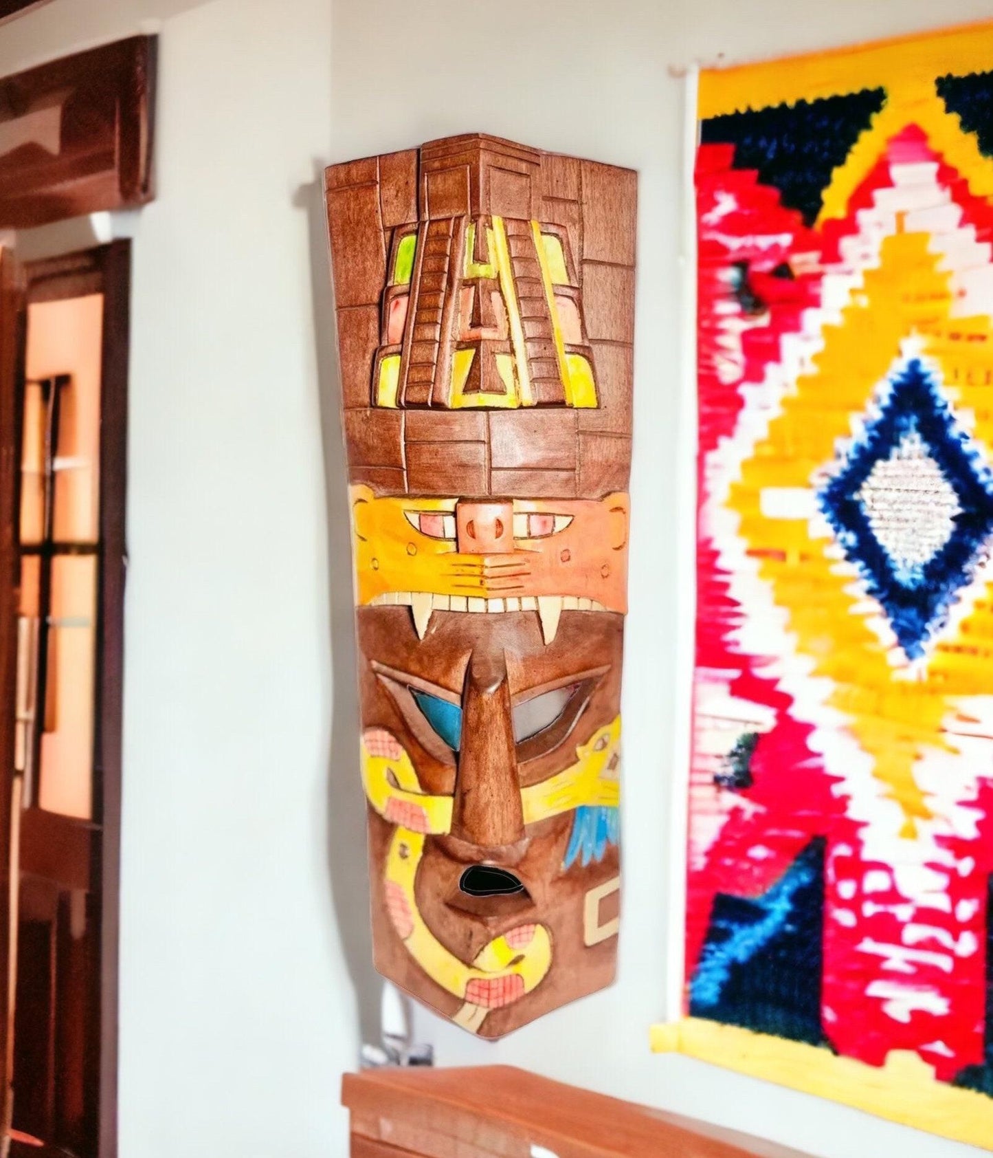 Prehistoric Wooden Mask Mayan Culture Hsnd Carved  Mexican Wall Art Artesanias Mexicana Mascara Maya De Madera