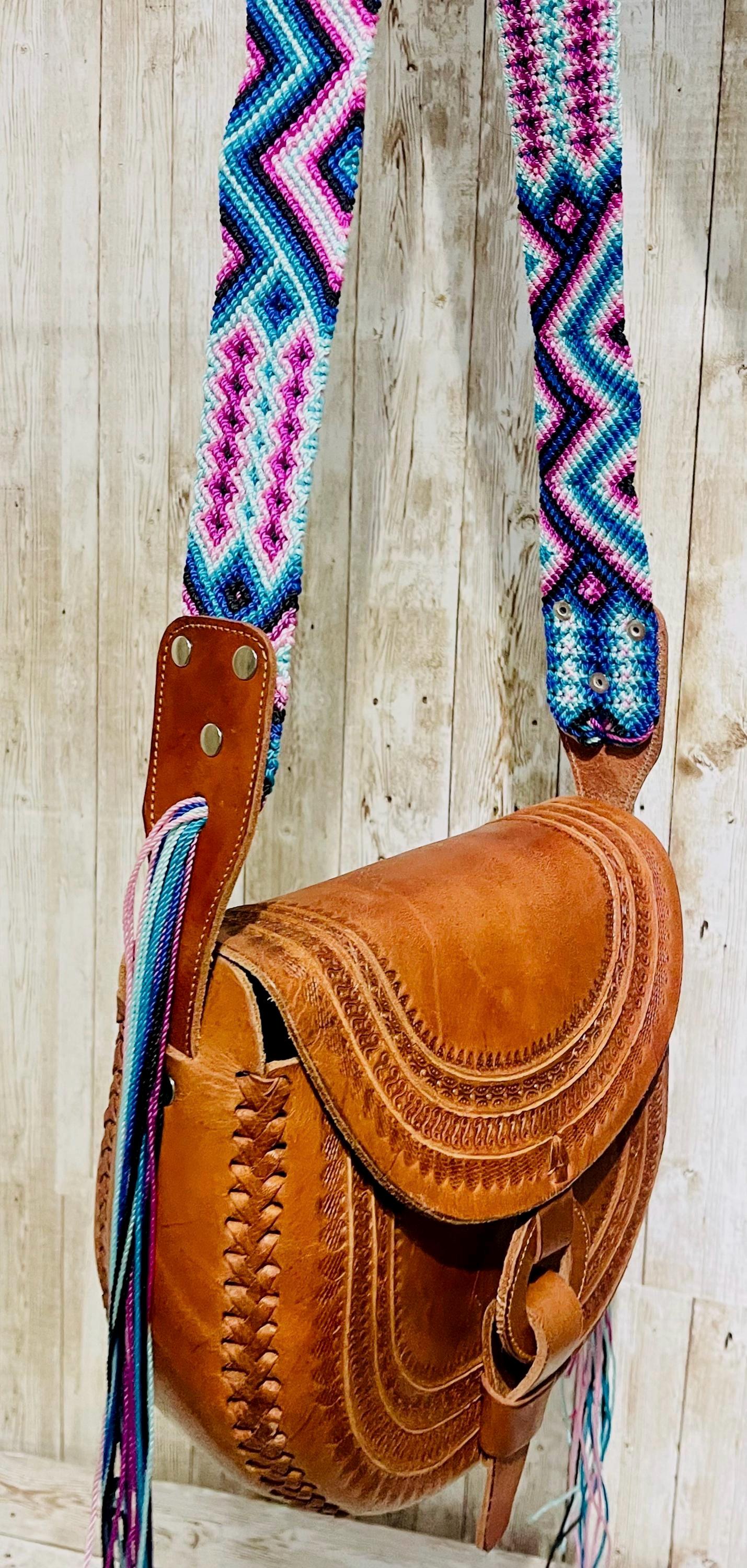 Handcrafted Tooled Western Mexican Leather Crossbody Bag with Woven Straps Bolsa Mexicana de Piel con Correa Tejida