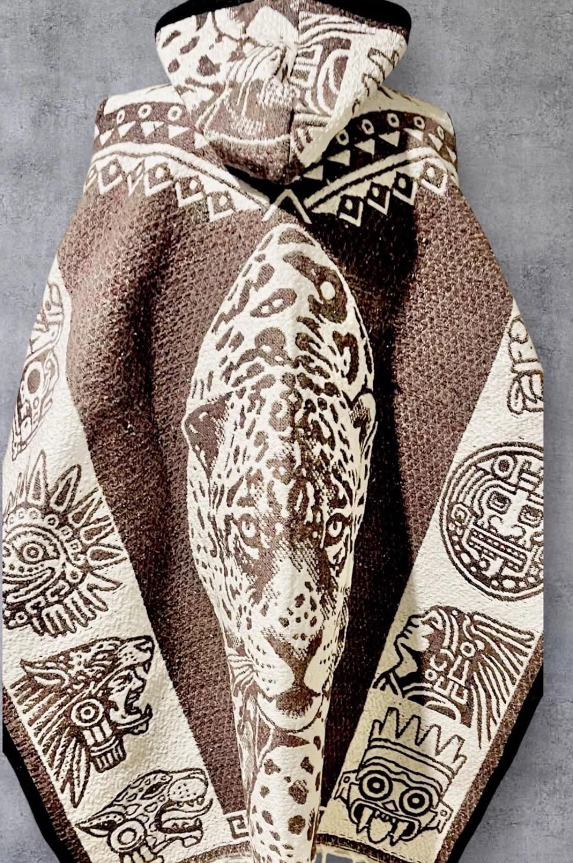 Mexican Double Sided Poncho Aztec and Jaguar Poncho Gavan Azteca con Jaguar Doble Vista