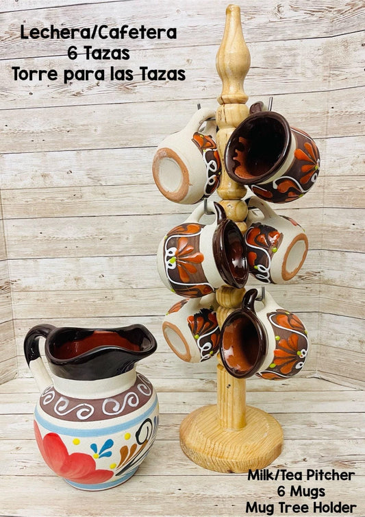 Terra Cotta Mexican Art Pottery CoffeeTea Pot with 6 Mugs and Mug Tree Jarra Lechera Cafetera Artesanal Mexicana Engove con 6 Tazas y Torre