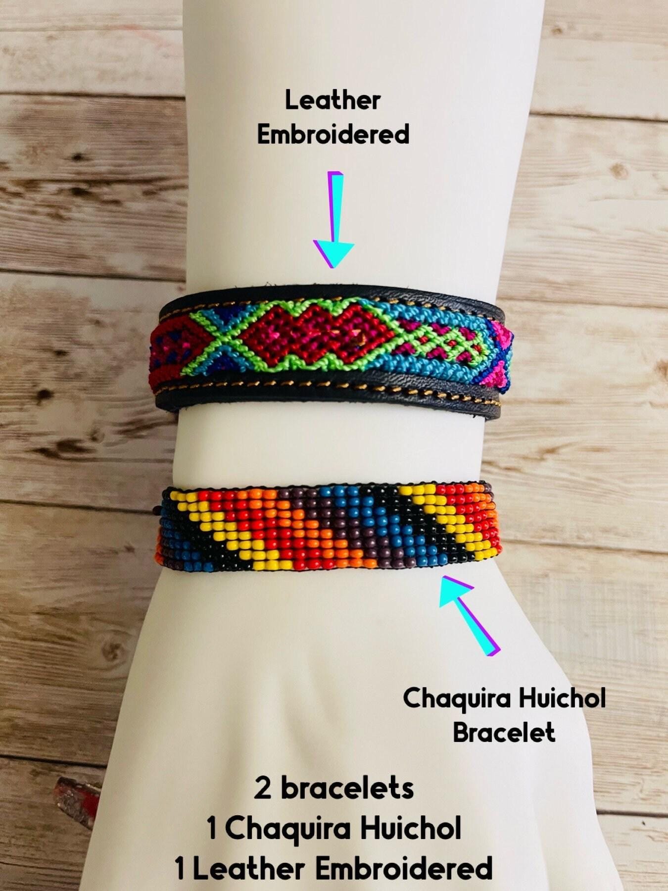 2x CHAQUIRA Huichol Mexican Bracelet & Leather Embroidered Bracelet Pulsera de Chaquira Huichol y Pulsera de Piel con  Bordado