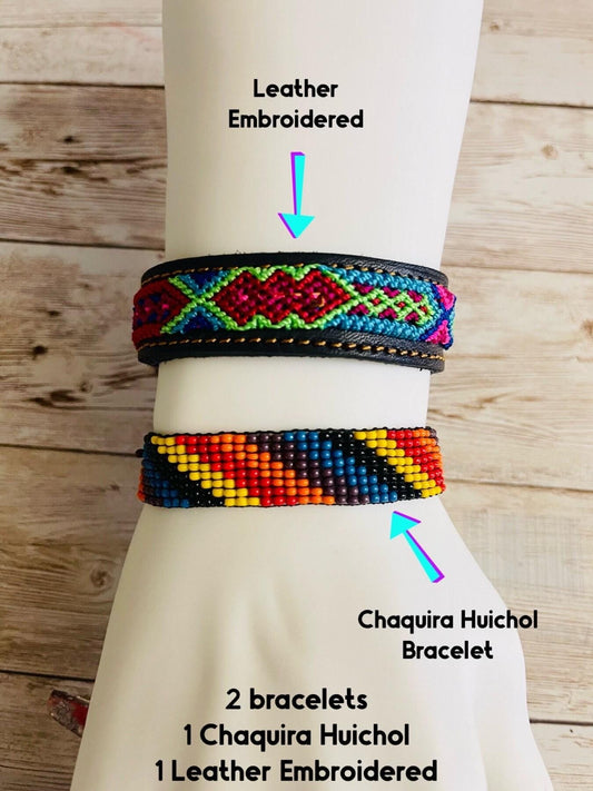 2x CHAQUIRA Huichol Mexican Bracelet & Leather Embroidered Bracelet Pulsera de Chaquira Huichol y Pulsera de Piel con  Bordado