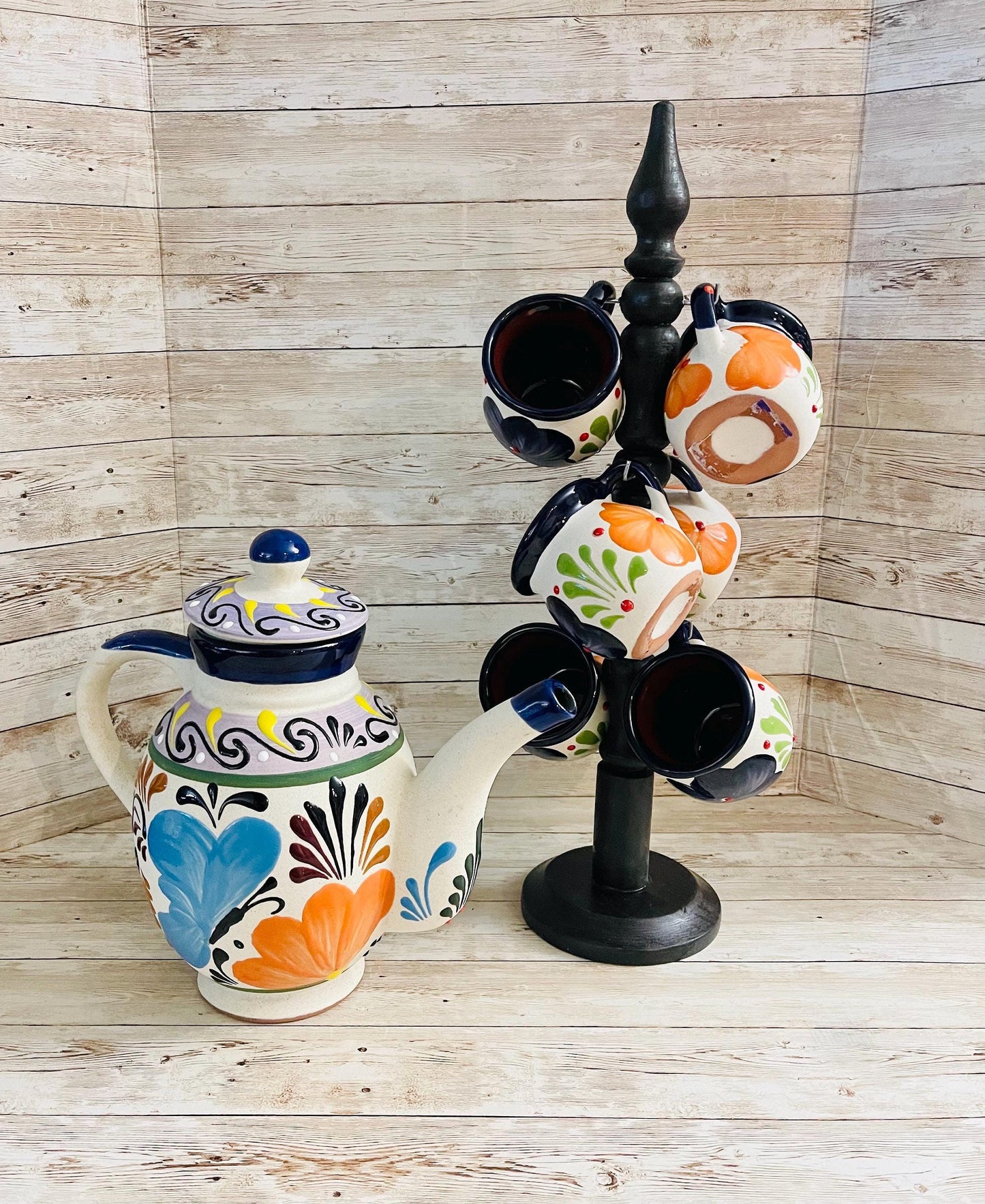 Terra Cotta Mexican Art Pottery CoffeeTea Pot with 6 Mugs and Mug Tree Jarra Lechera Cafetera Artesanal Mexicana Engove con 6 Tazas y Torre