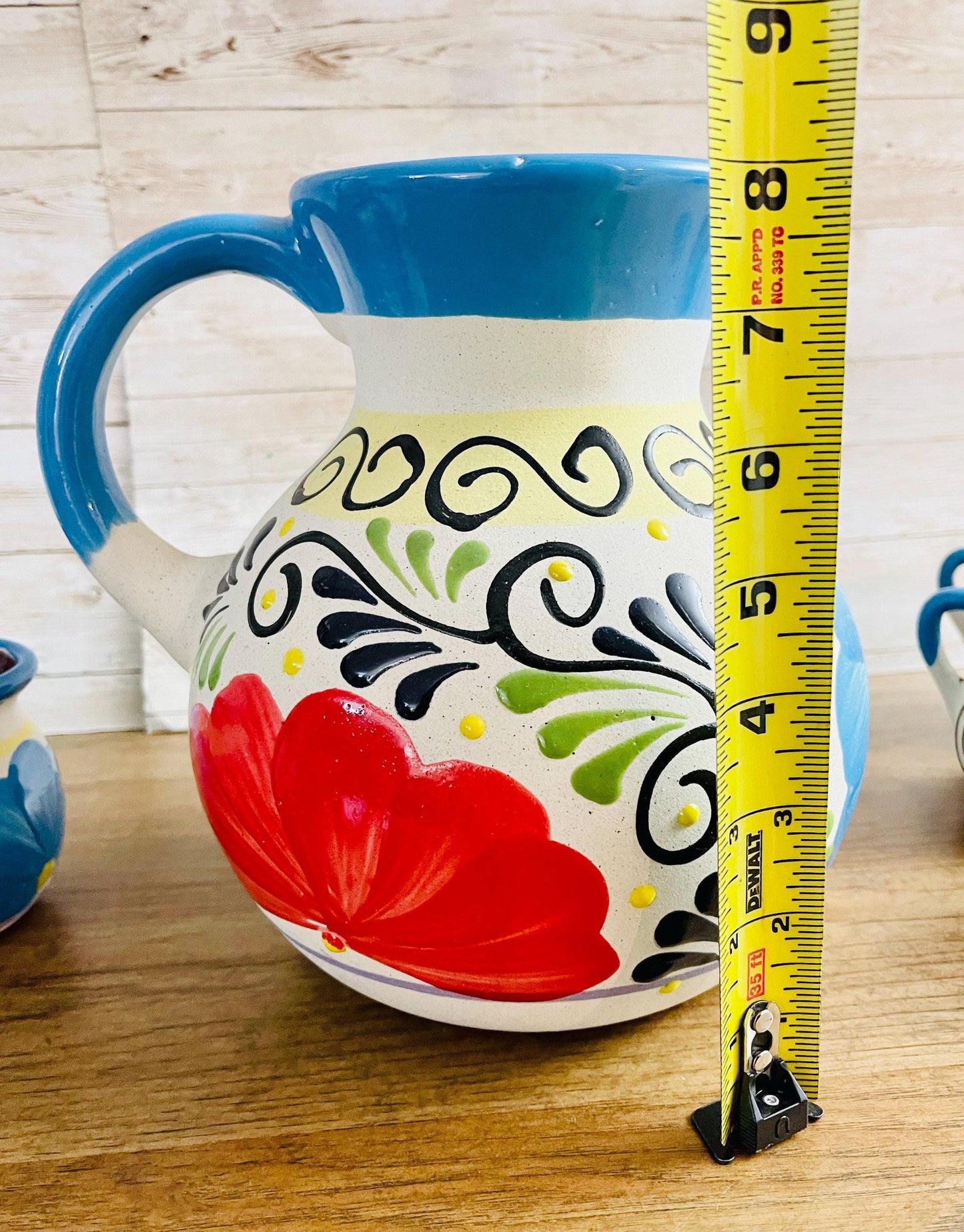 Terra Cotta Mexican Art Pottery Pitcher With 6 Cups Jarra Artesanal Mexicana