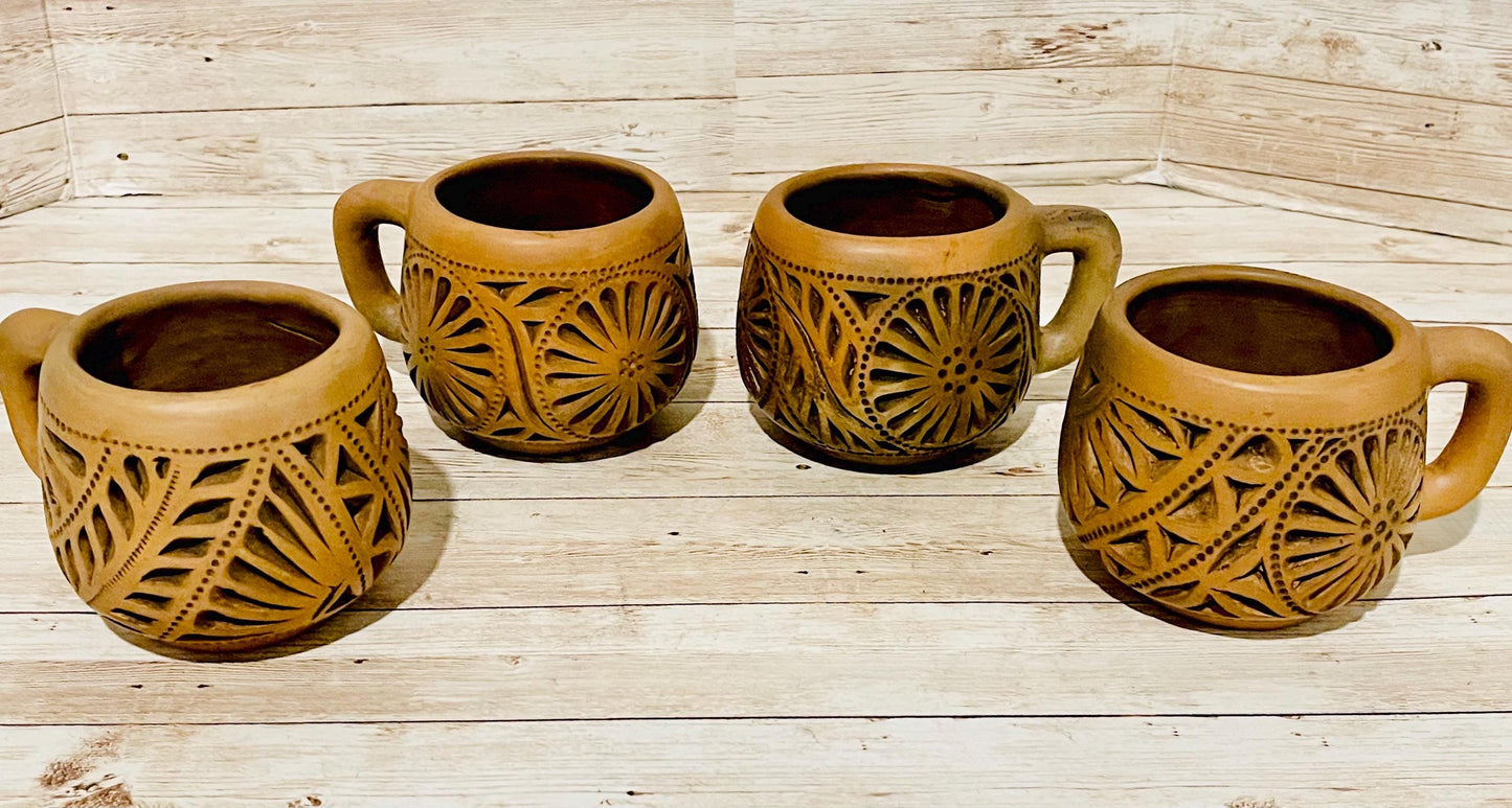 4X Mexican Artesanal Brown Clay Mexican Mugs Cups 4 Tazas Mexicanas Caladas de Barro Cafe de Oaxaca