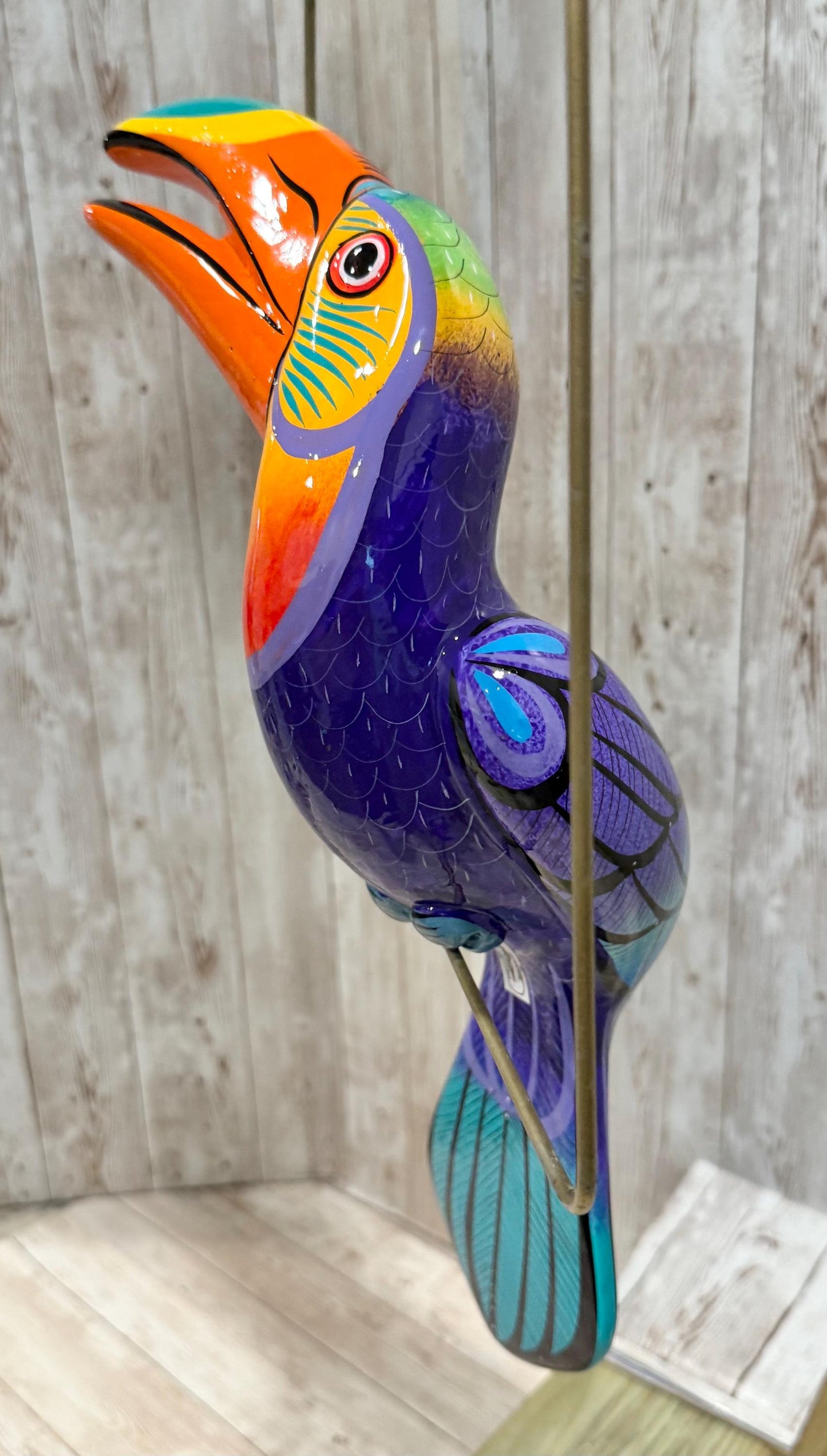 Hanging Exotic Bird in Ring Mexican Pottery Ceramic Pajaro De Cerámica
