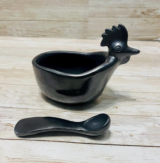 Black Oaxacan Mexican Clay Art Pottery Salsa Bowl with Spoon Salsero con Cuchara de Barro Negro Artesanal Hecho en Oaxaca