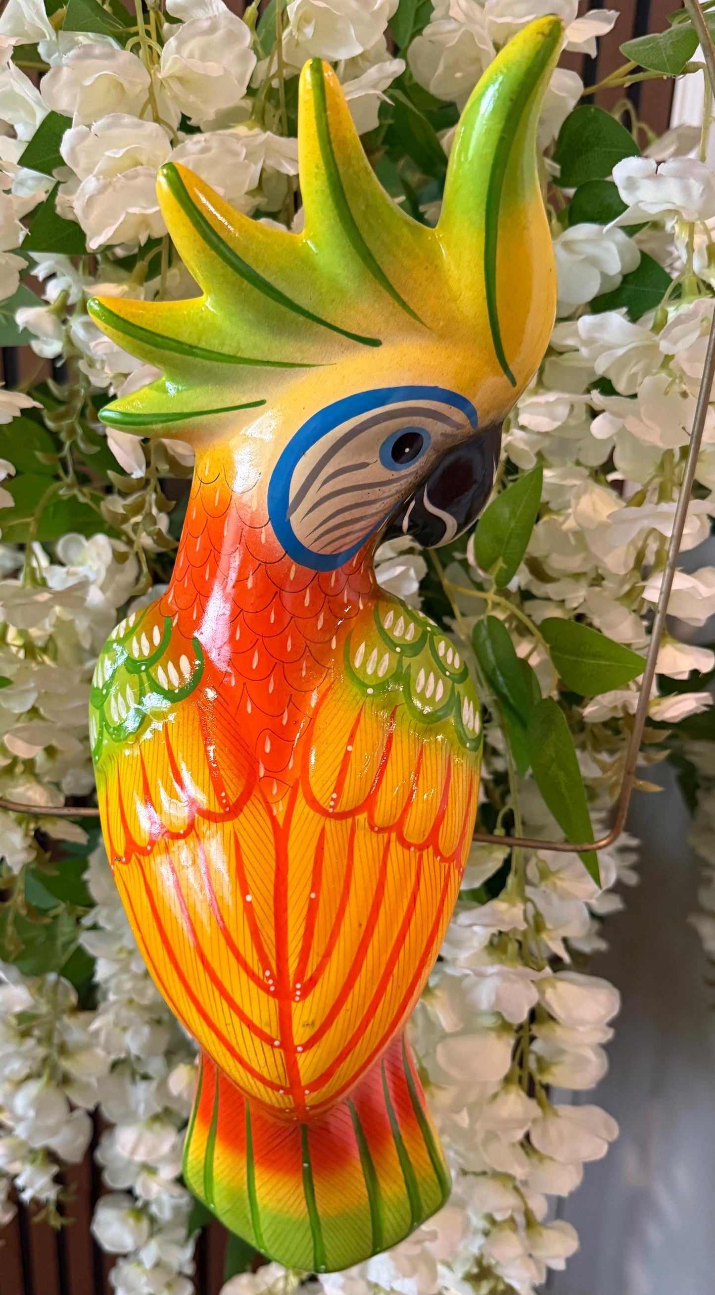 Hanging Exotic Bird in Ring Mexican Pottery Ceramic Pajaro De Cerámica