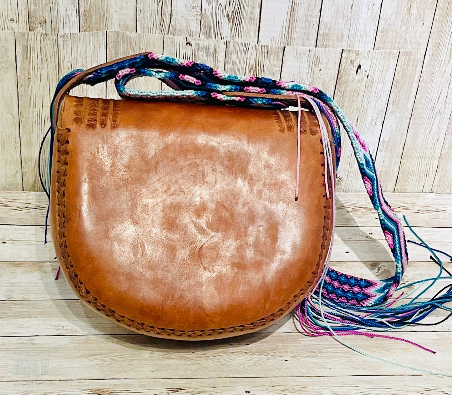 Handcrafted Tooled Western Mexican Leather Crossbody Bag with Woven Straps Bolsa Mexicana de Piel con Correa Tejida