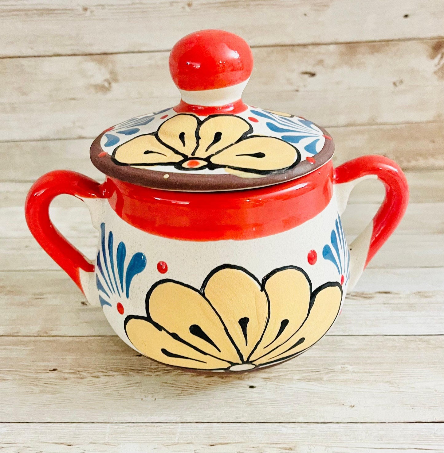 Terra Cotta Mexican Art Pottery Sugar Pot with Coffee Tea Pot. Azucarera Artesanal Mexicana Engove con Jarra Lechera