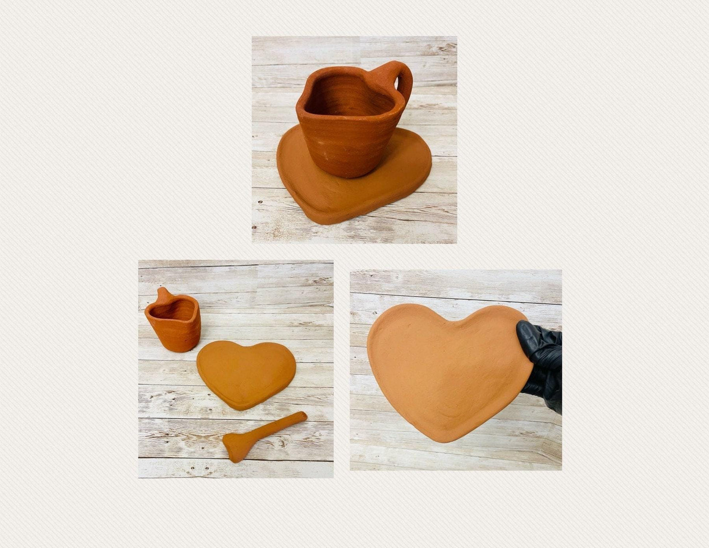 Mexican Red Terra Cota Heart Cup Mug with Heart Plate & Spoon Taza Plato y Cuchara de Corazon de Barro Rojo Mexicano