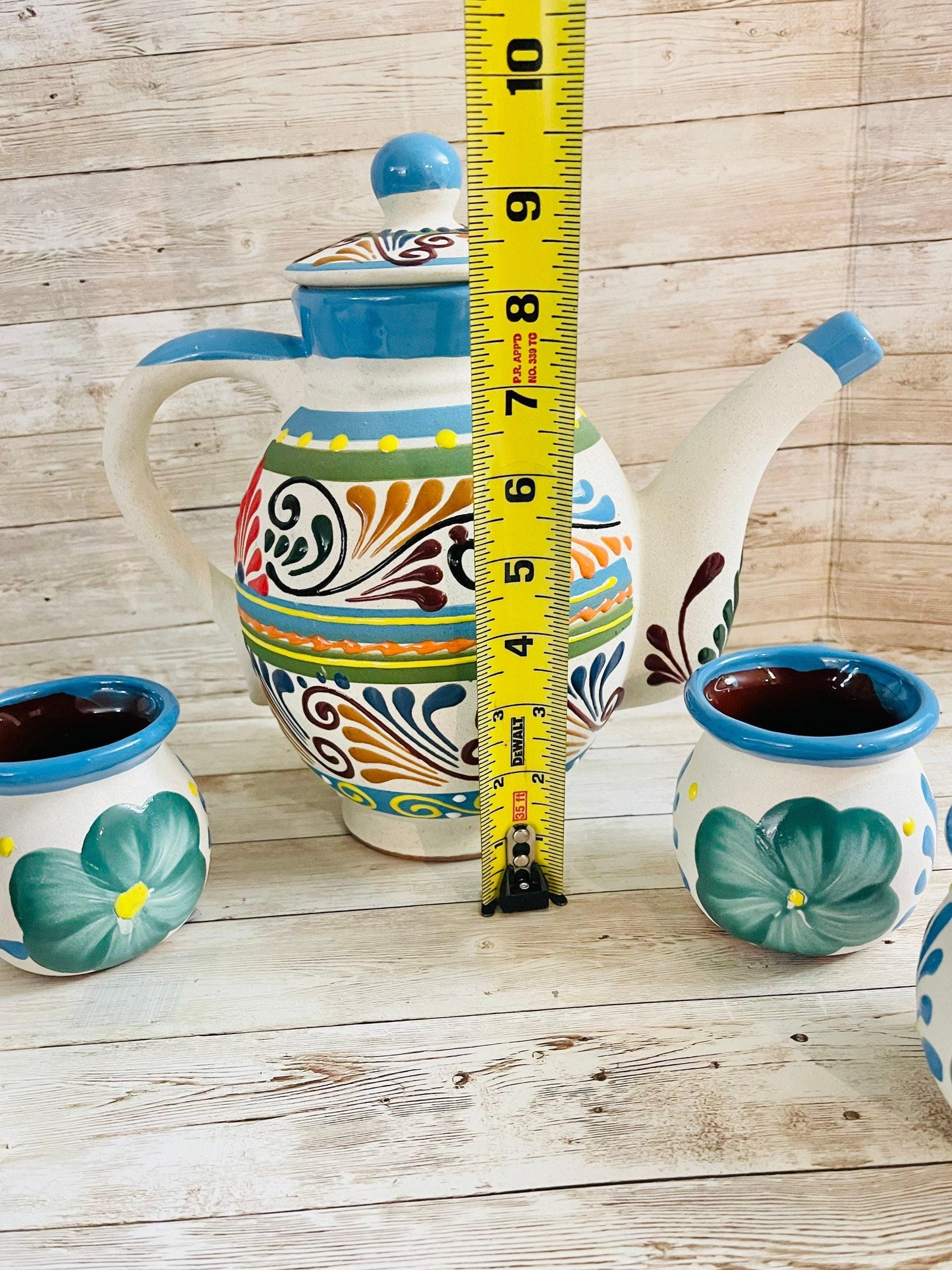 Terra Cotta Mexican Art Pottery CoffeeTea Set Drinkware With 4 Mugs Jarra Lechera Cafetera Artesanal con 4 tazas y Azucarera