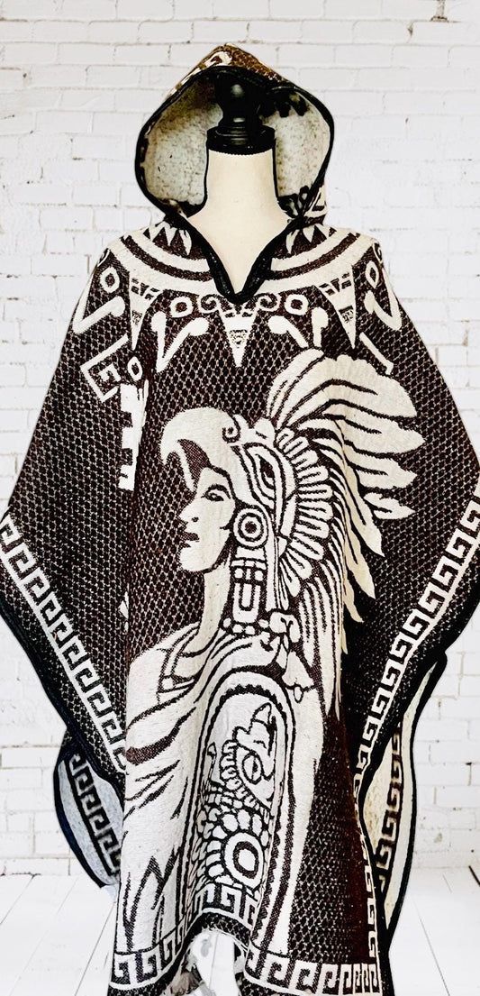 Poncho Azteca con Guerrero y Escudo Nacional Double Sided Aztec Calendar Poncho