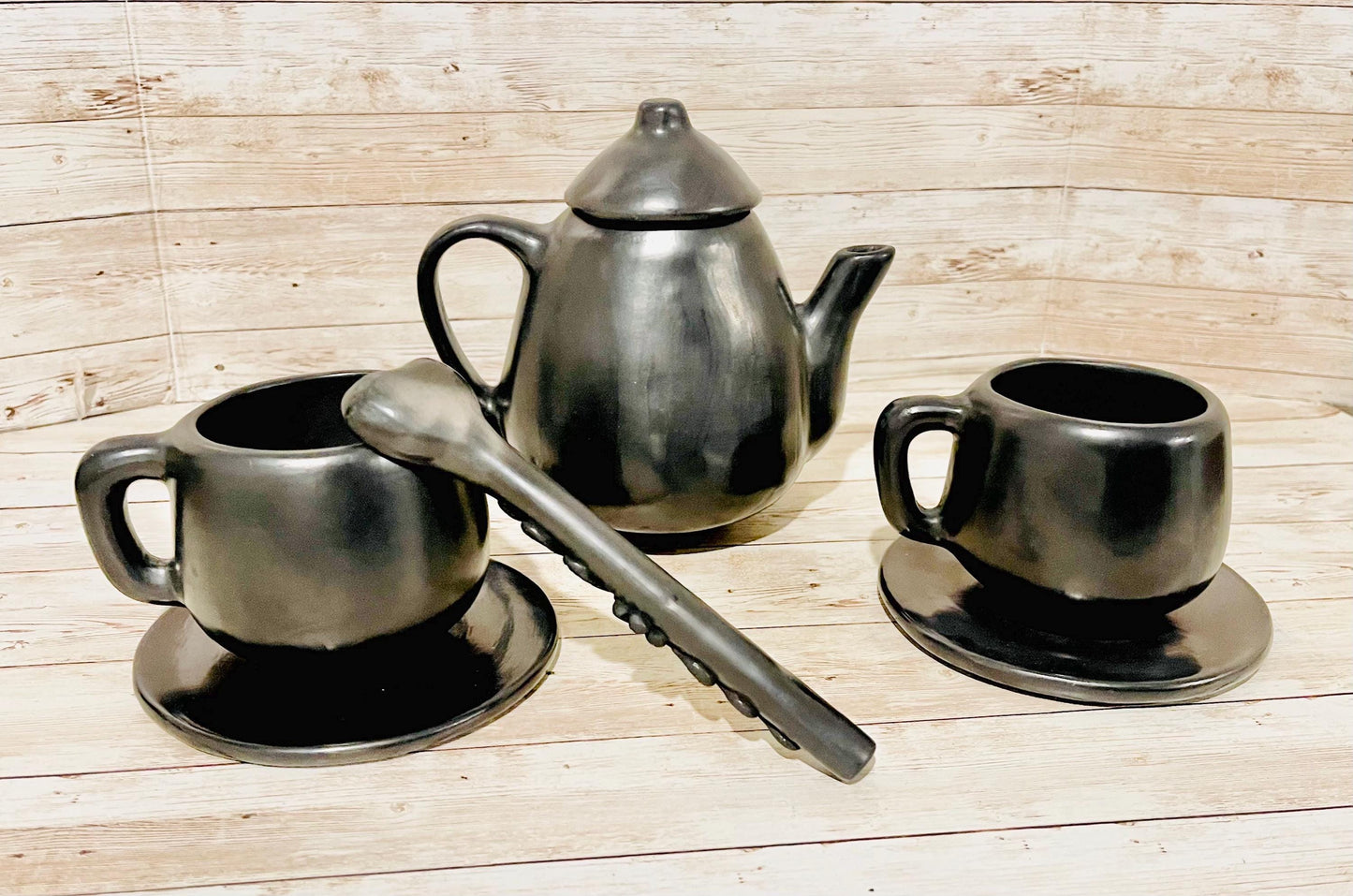 Black Oaxacan Mexican Clay Coffee Tea Pot with 2 Mugs, Plates & Sugar Spoon 1  Tetera de Barro Negro Con 2 Tazas Plato y Cuchara Azucarera