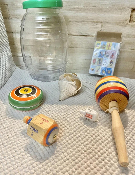 Mexican Classic Toys Set Trompo TomaTodo Balero Resortera Wood Yoyo and Mini Loteria in Vitrolero