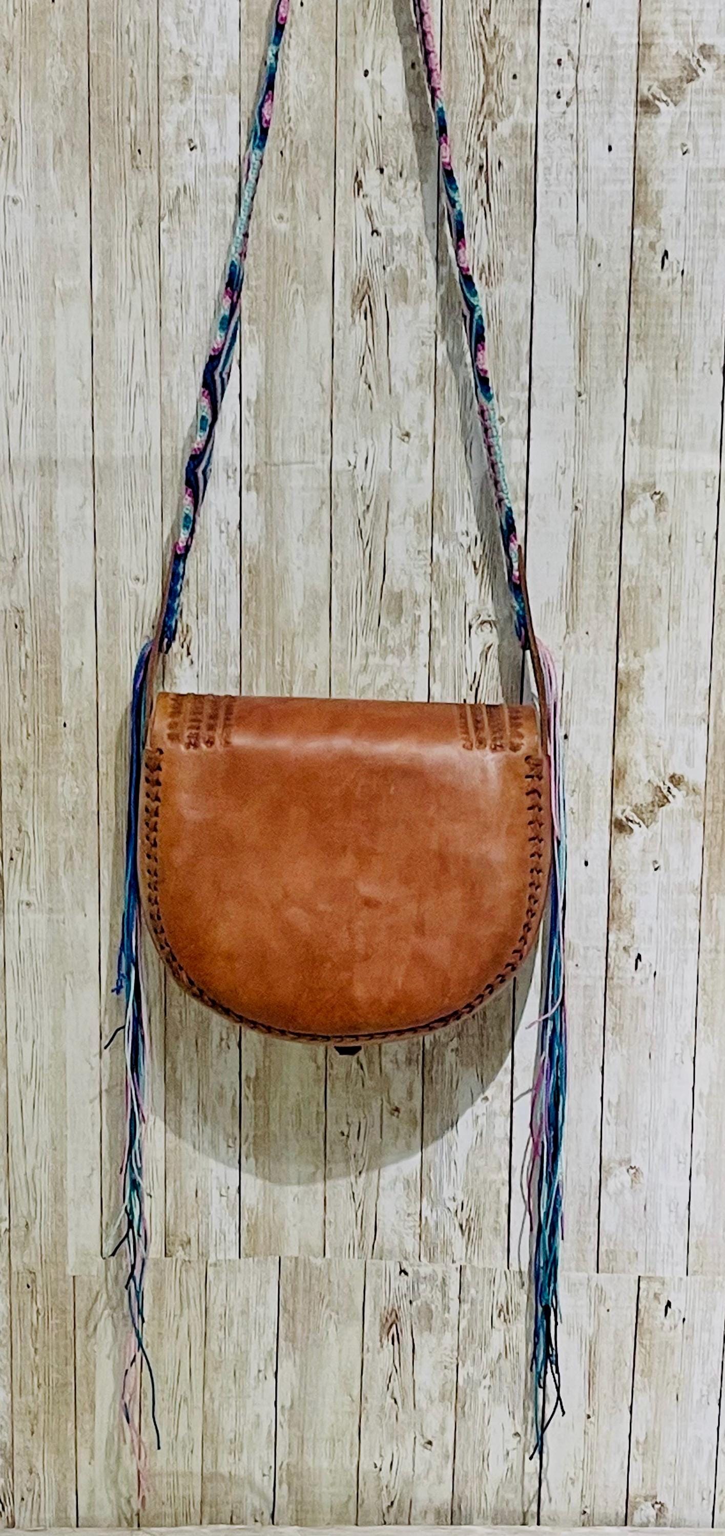 Handcrafted Tooled Western Mexican Leather Crossbody Bag with Woven Straps Bolsa Mexicana de Piel con Correa Tejida
