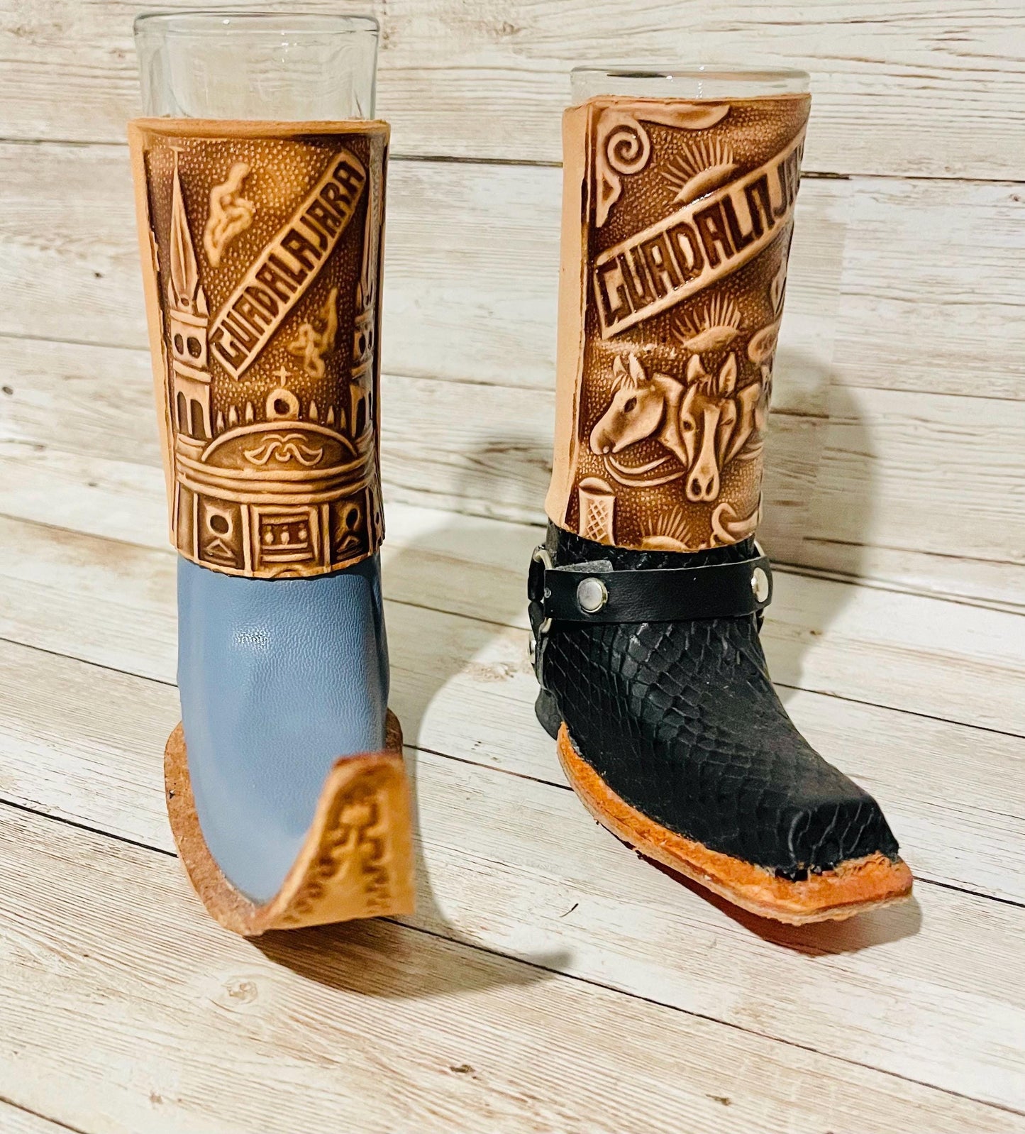 2x Mexican Leather Boot Shot Glasses 2x Vasos Tequileros de Bota con Piel