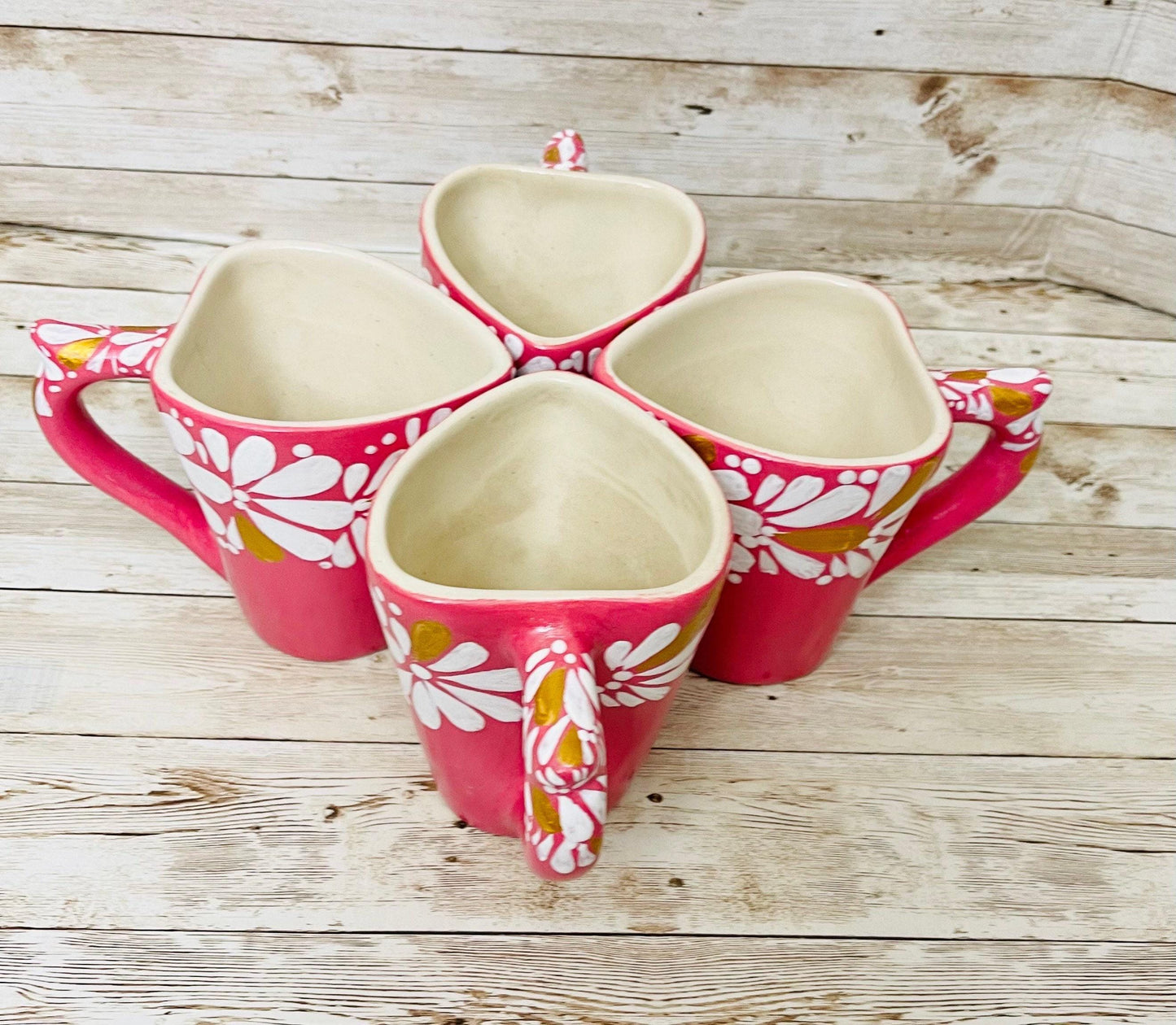4x Mexican Ceramic Heart Shaped Pottery Cups 4x Tazas de Ceramica Mexicanas en Forma de Corazon