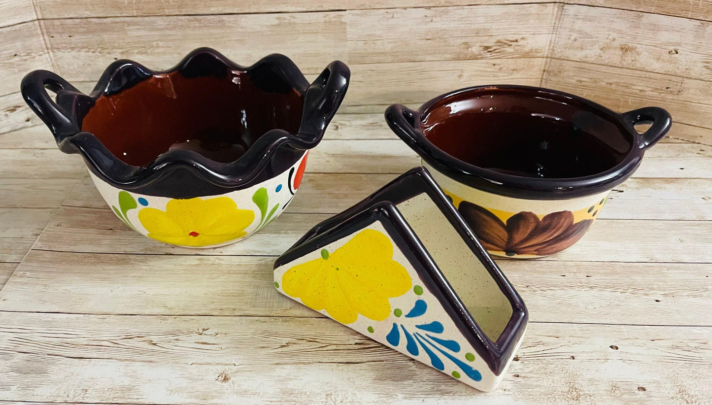 Terra Cota 3 Piece Mexican Set Napkin Holder Salsa & Dish Bowl Servilletero Tazon y Salsero de Barro