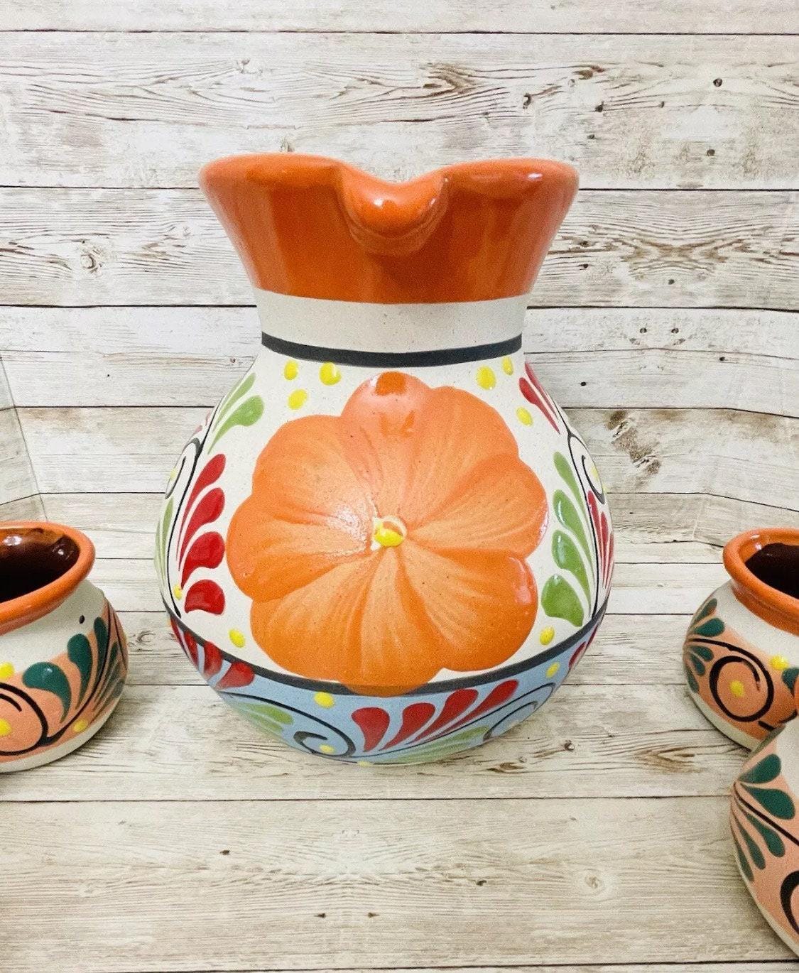 Terra Cotta Mexican Art Pottery Pitcher With 6 Cups Jarra Artesanal Mexicana