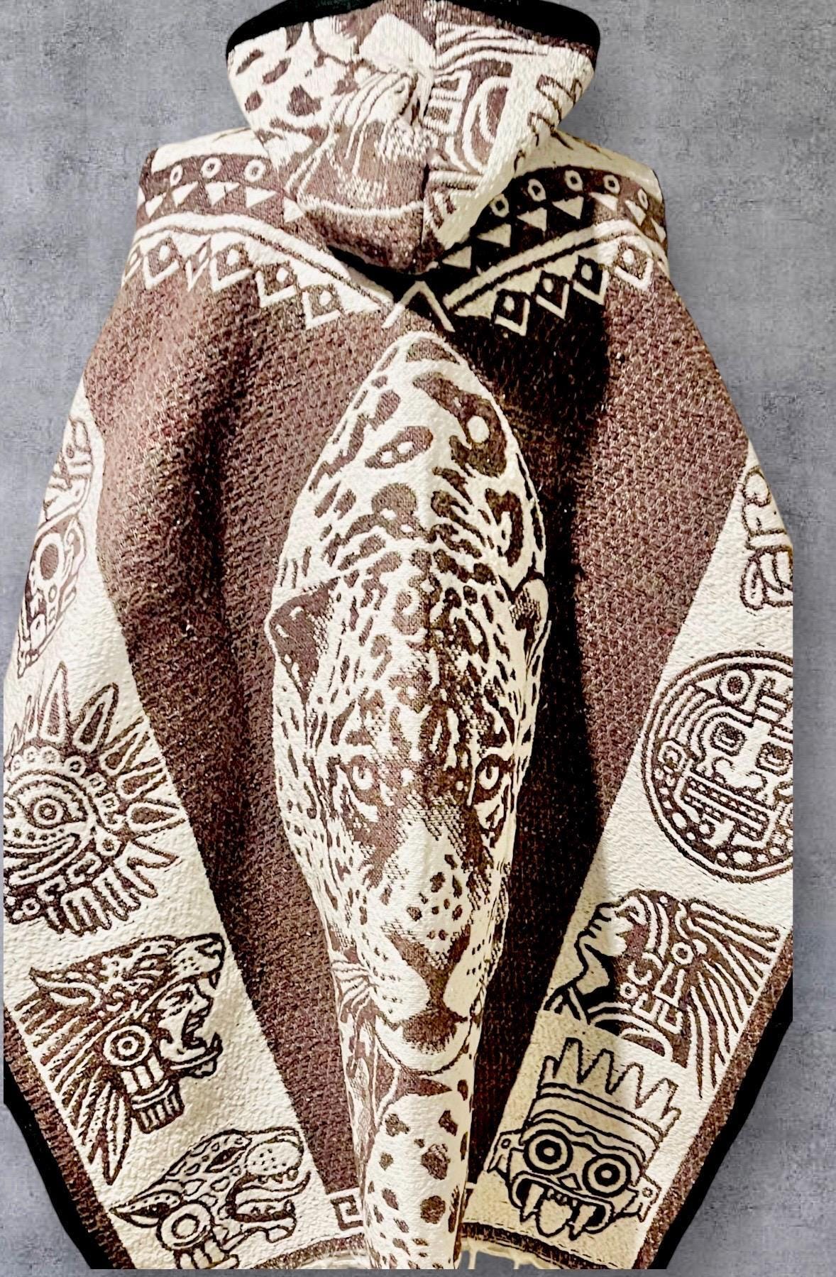 Mexican Double Sided Poncho Aztec and Jaguar Poncho Gavan Azteca con Jaguar Doble Vista