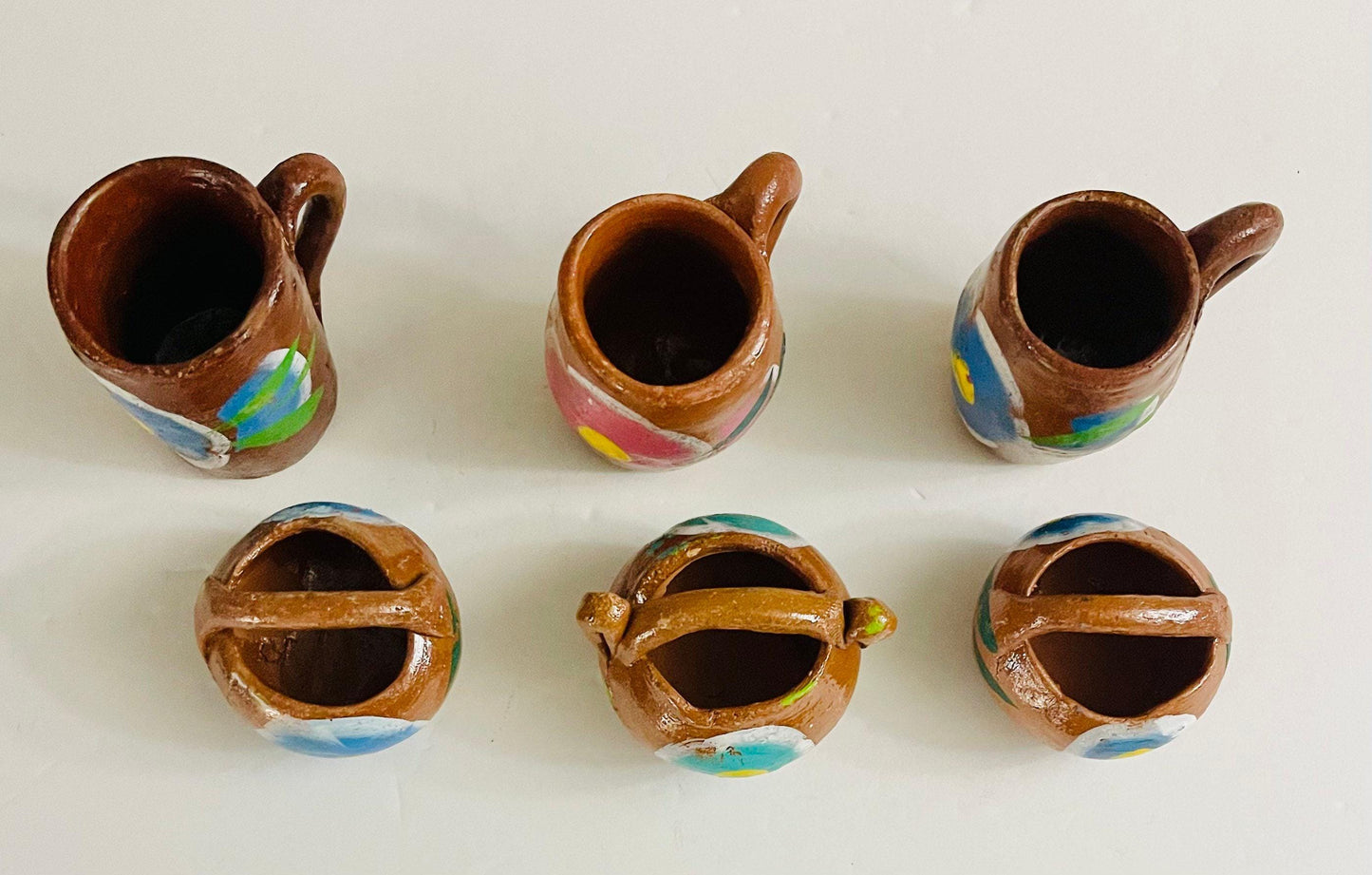 3 Mini Cantaritos de Barro  and 3 Mexican Canastas for Tequila Shots or Hot Tea Mini Tequileros and 3 Mexican Baskets