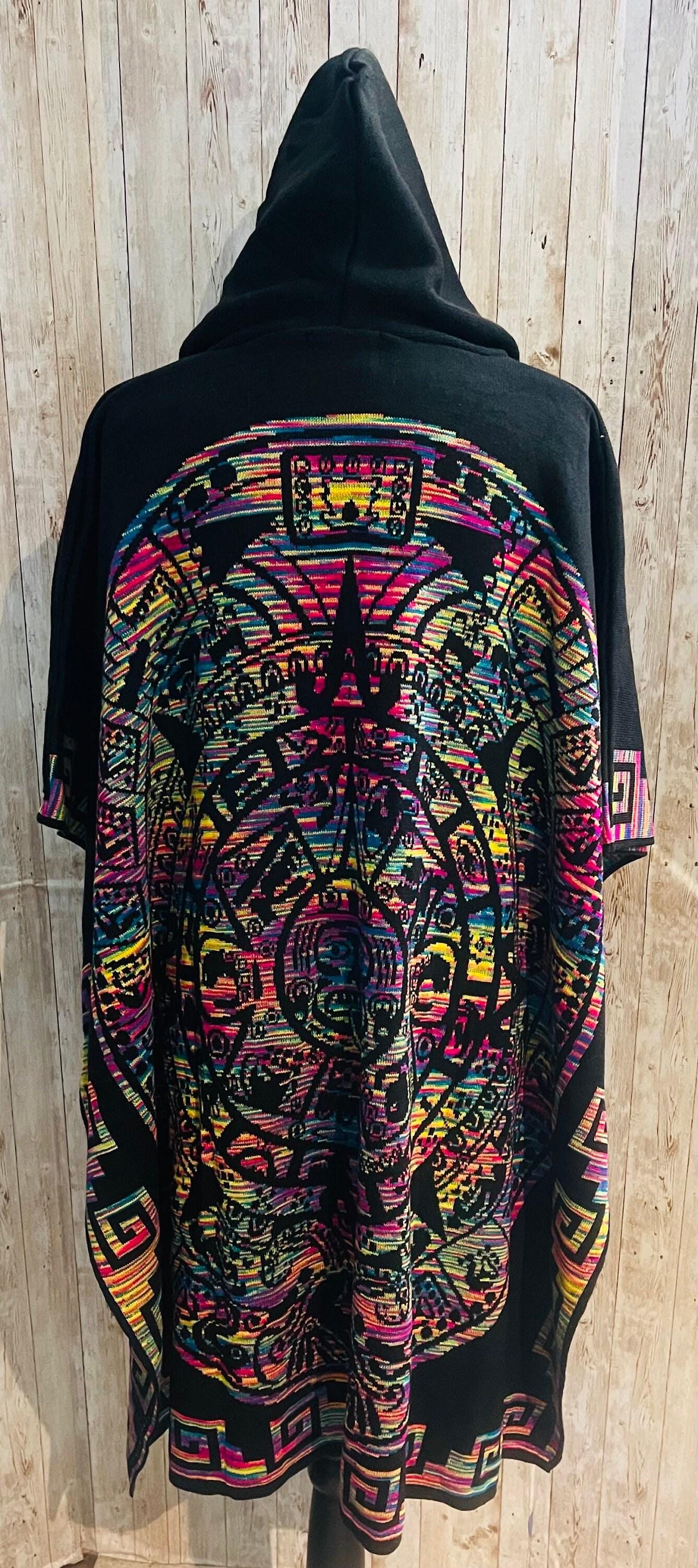 Gavan Poncho Mexicano Calendario Azteca con Gorro Aztec Calendar Mexican Poncho with Hoodie