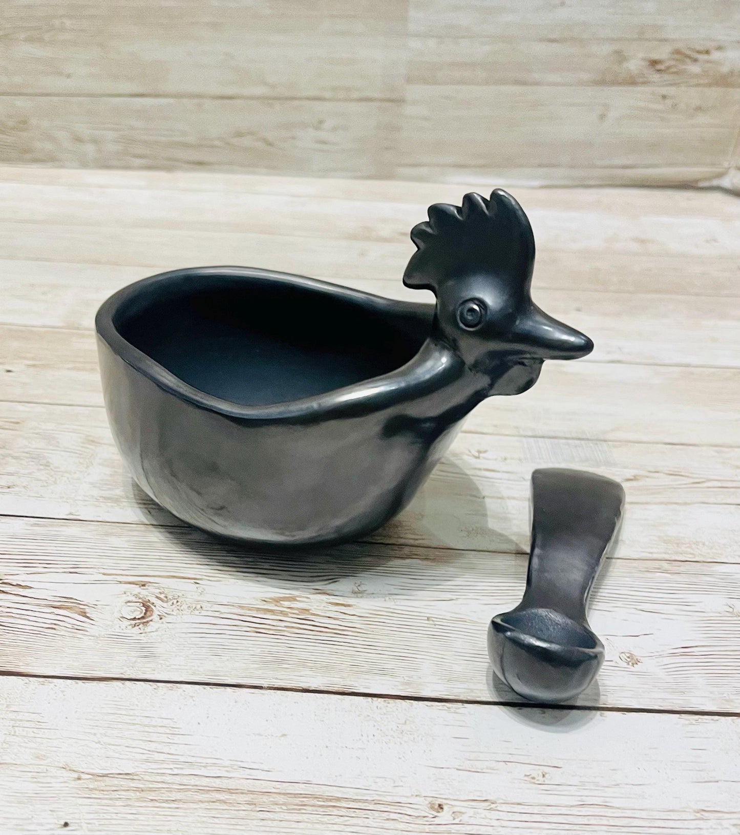 Black Oaxacan Mexican Clay Art Pottery Salsa Bowl with Spoon Salsero con Cuchara de Barro Negro Artesanal Hecho en Oaxaca