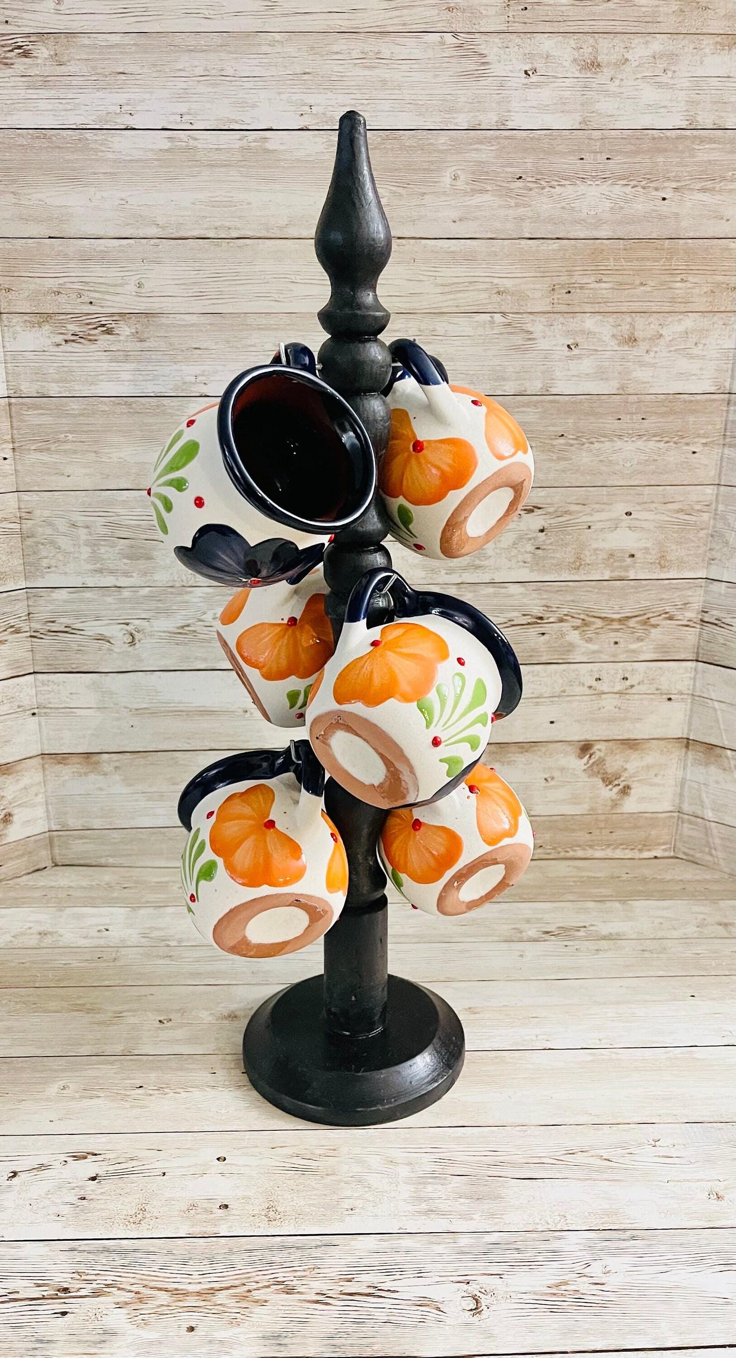 Terra Cotta Mexican Art Pottery CoffeeTea Pot with 6 Mugs and Mug Tree Jarra Lechera Cafetera Artesanal Mexicana Engove con 6 Tazas y Torre