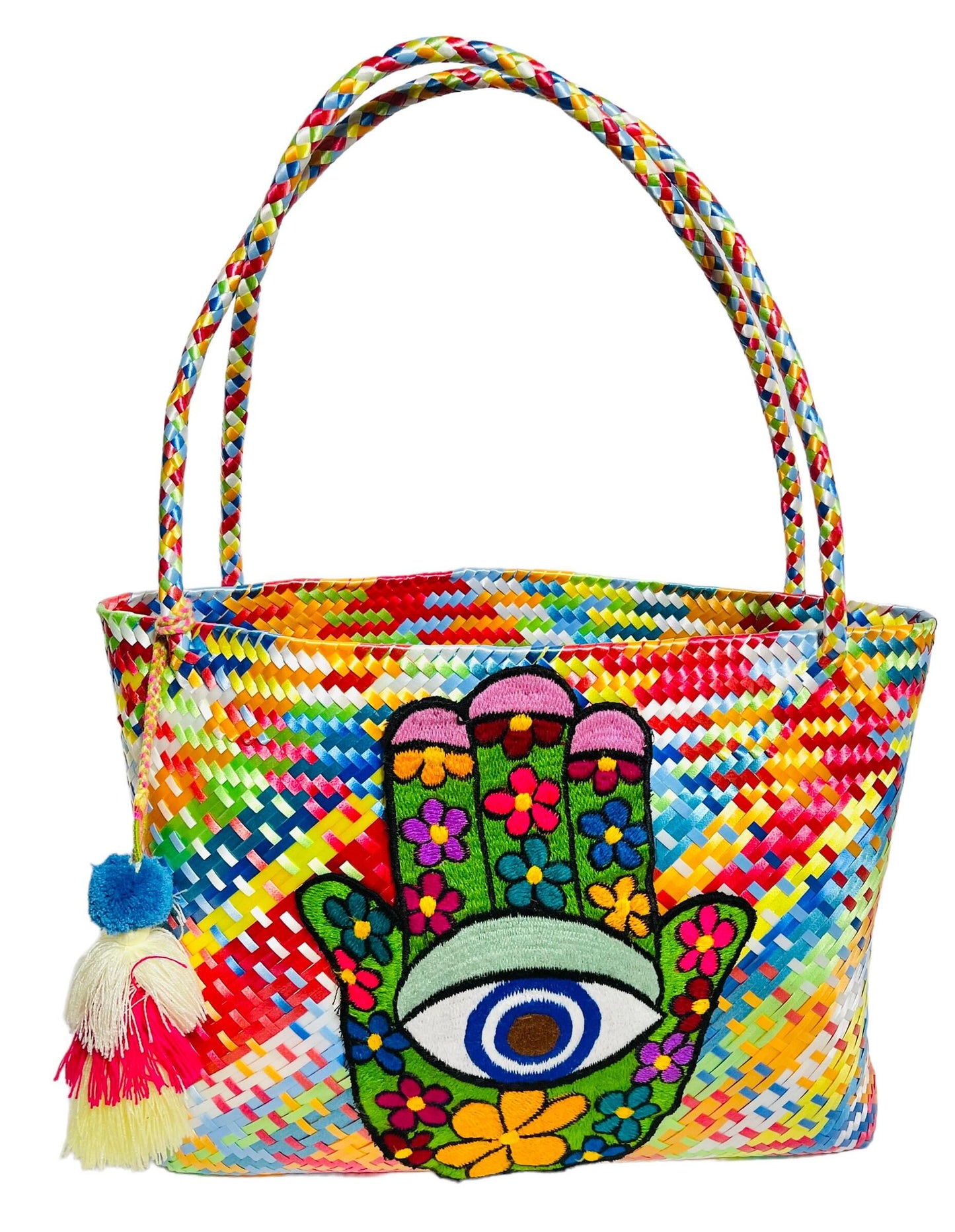 Hamsa Evil Eye Hand Woven Plastic Tote Bolsa Mexicana Artesenal Hamsa Mal De Ojo