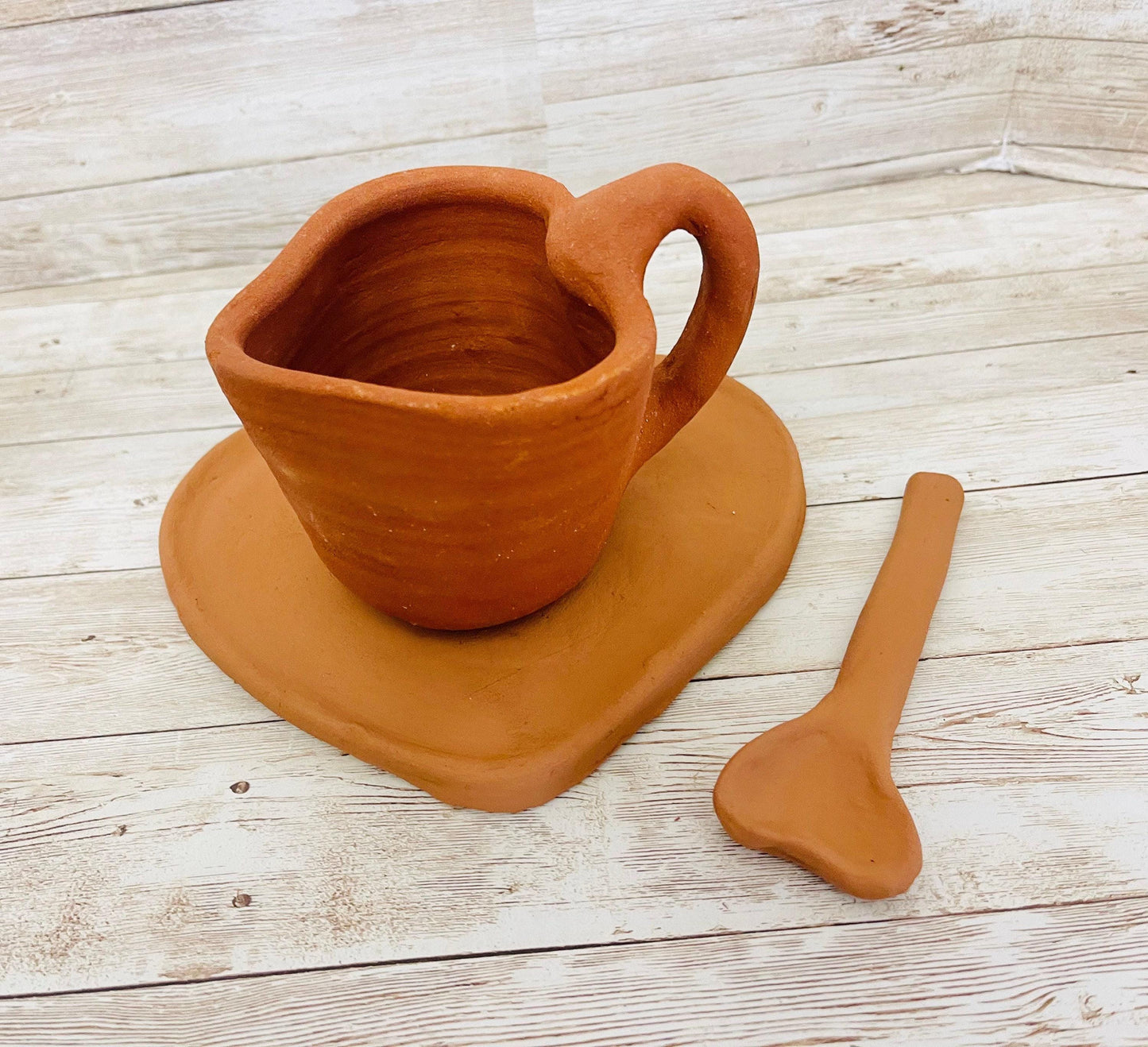Mexican Red Terra Cota Heart Cup Mug with Heart Plate & Spoon Taza Plato y Cuchara de Corazon de Barro Rojo Mexicano