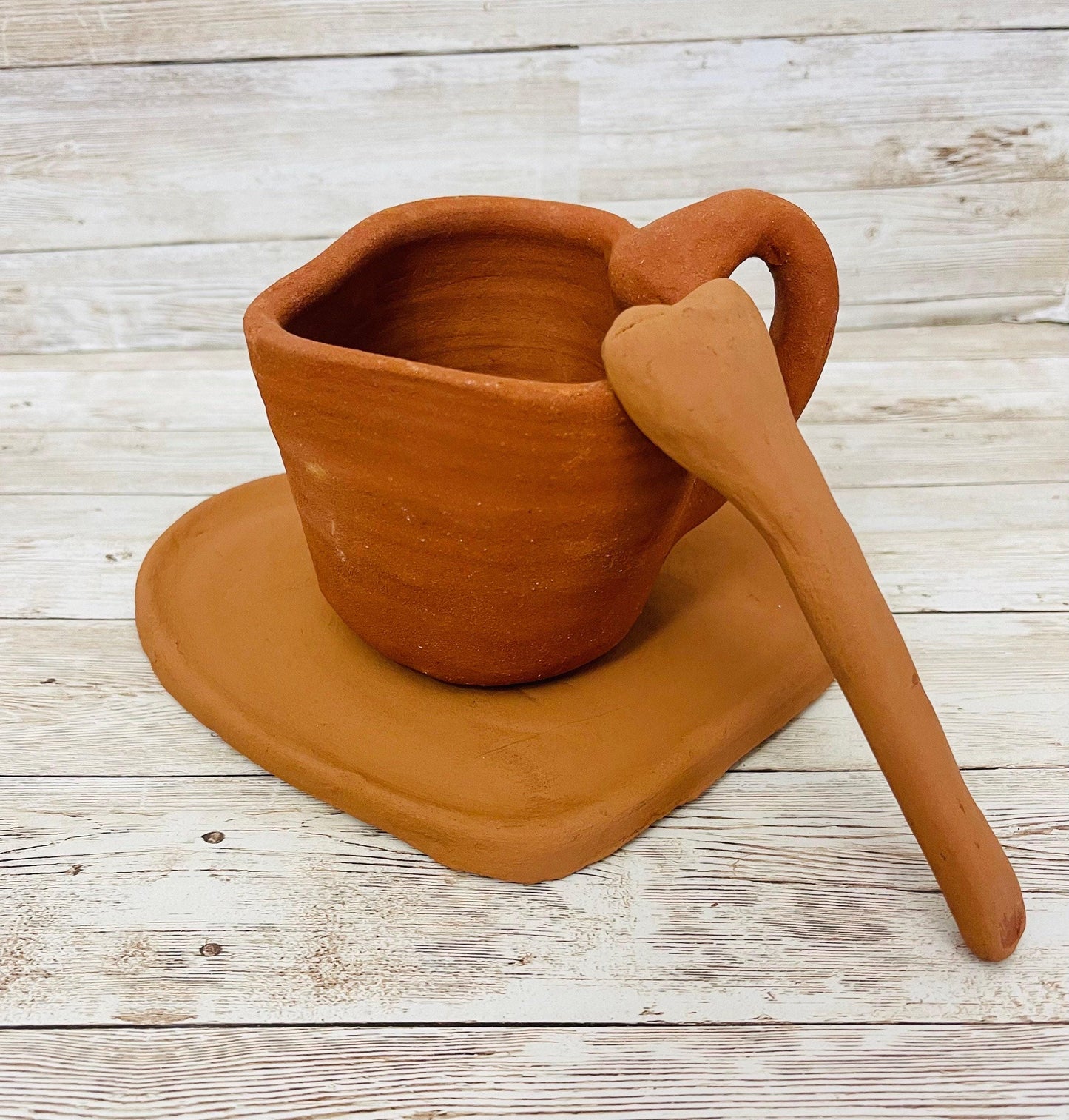Mexican Red Terra Cota Heart Cup Mug with Heart Plate & Spoon Taza Plato y Cuchara de Corazon de Barro Rojo Mexicano