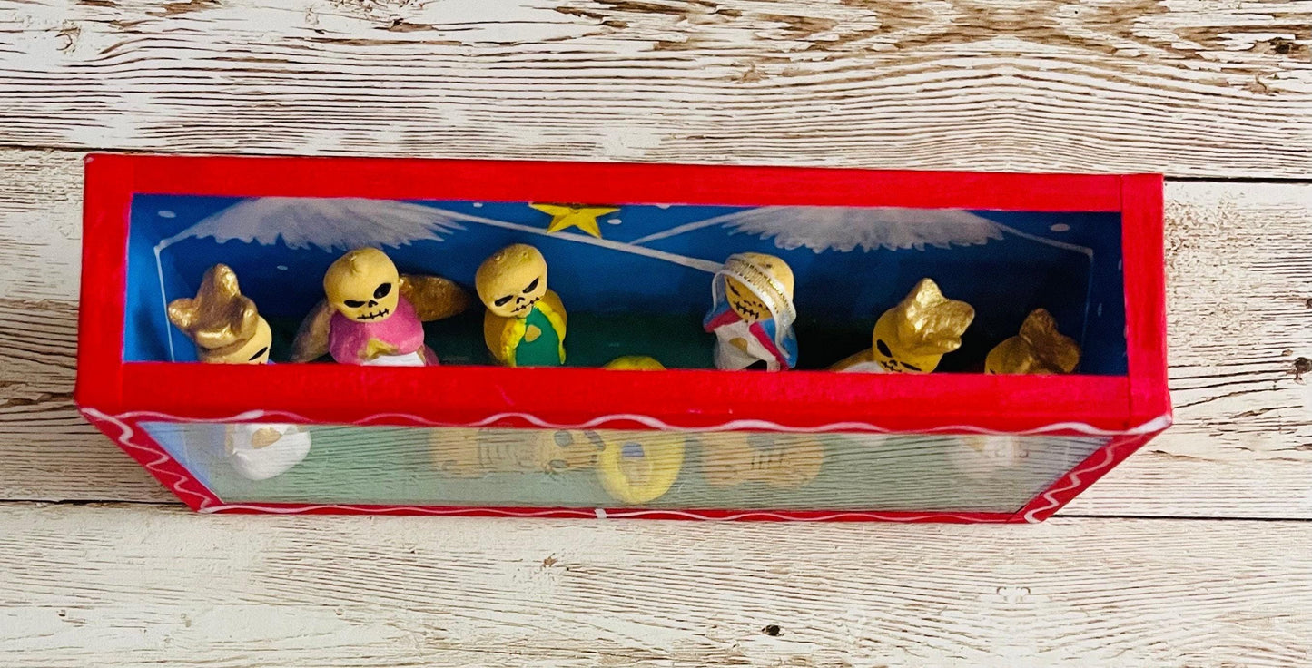 Nicho Mexicano De Nacimiento de Catrinas y Vitrina Mexican Sugar Skulls Nativity Scene Shadow Box