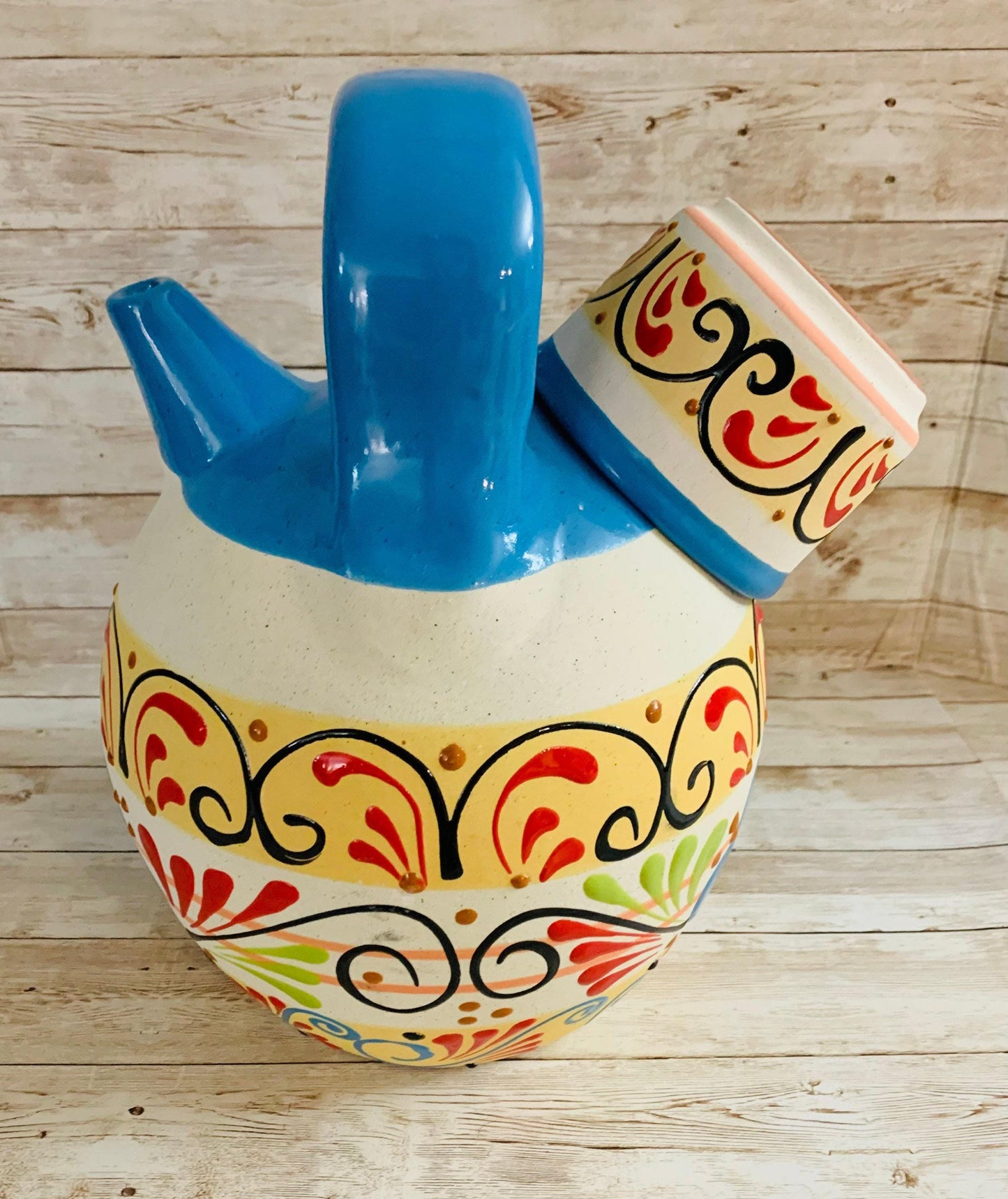 Terra Cotta Mexican Art Water Jug with Cup Garrafon de Barron Artesanal Mexicana con Vaso
